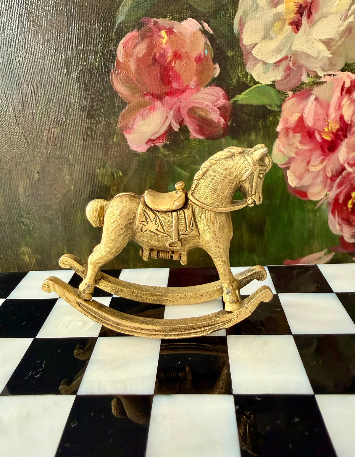 1970s Vintage Max Factor Gold-toned Metal “Rocking Horse” Perfume Compact