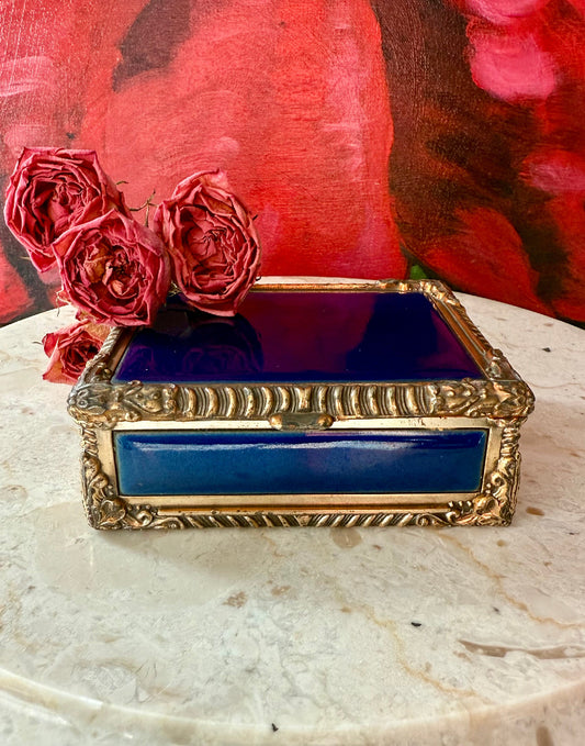 Royal Bovano Italian Style Cobalt Blue Enamel Vintage Cigarette Case or Jewelry Box from the 1950s or 1960s