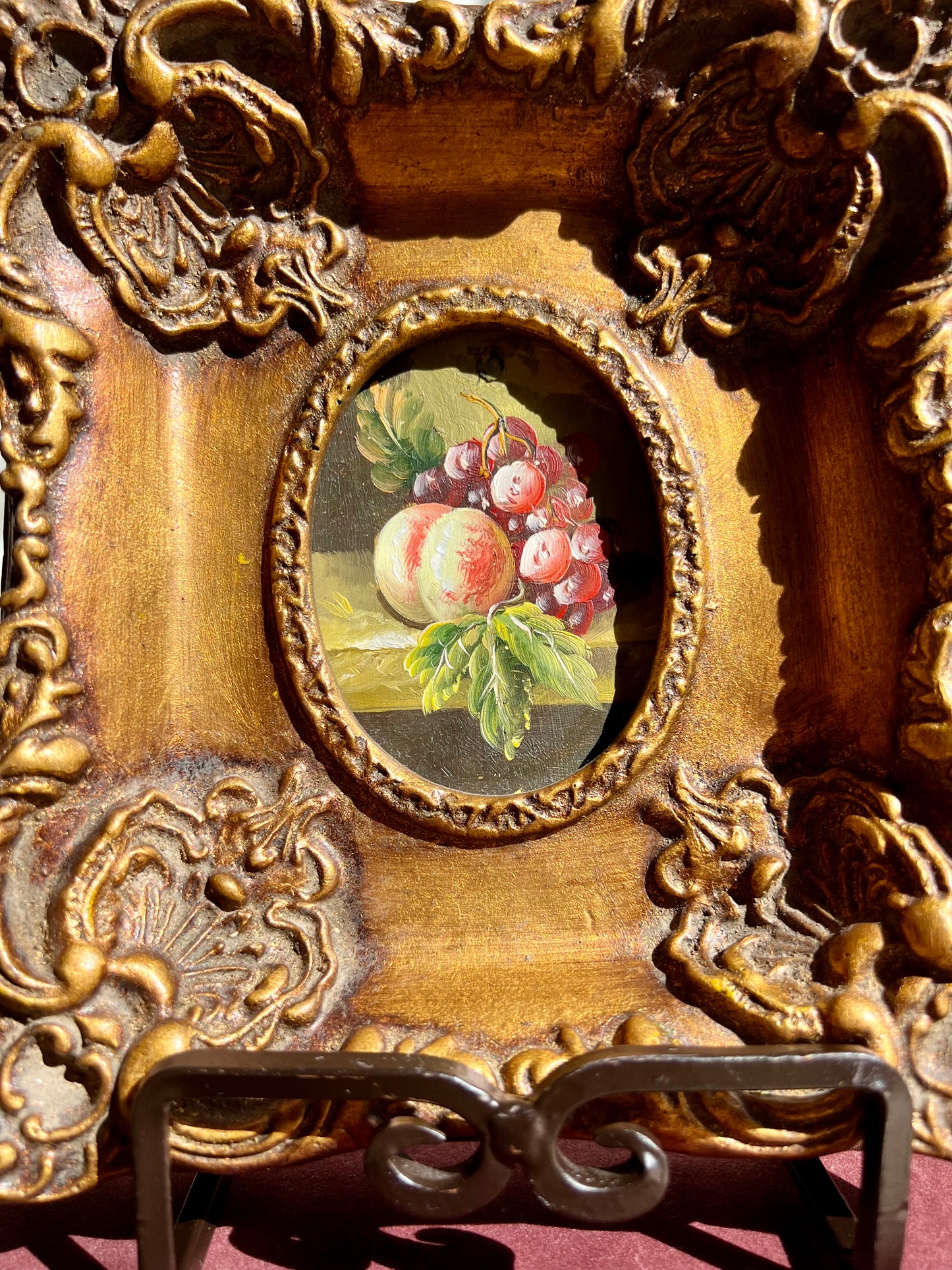 Peach and Grapes Miniature Oil Painting Wall Art With Gilded Wooden Frame