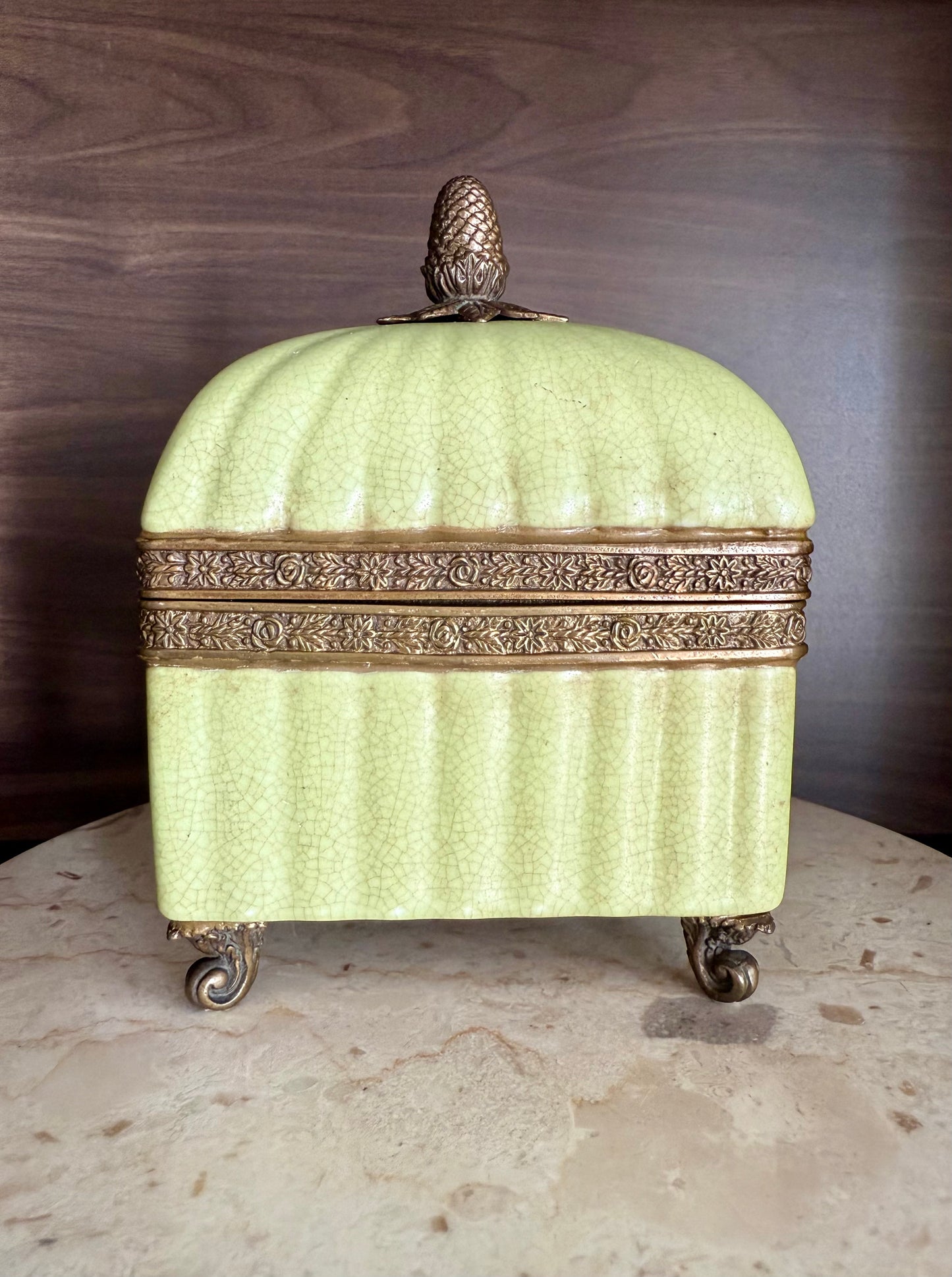 Vintage Porcelain Trinket Dish or Jewelry Box in a Glossy Crackle finish & Bronze Trims on four Legs