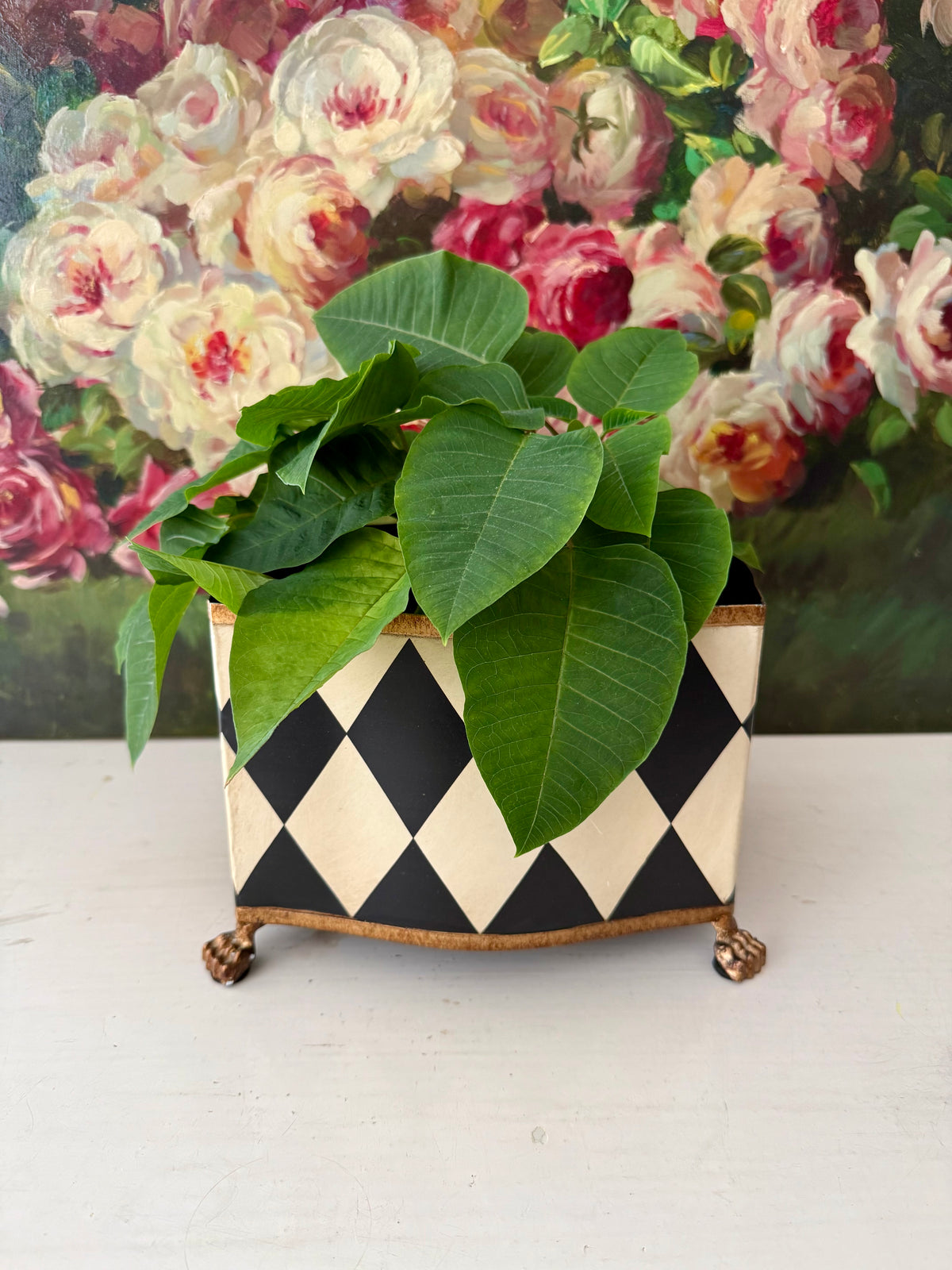Vintage Hand-painted Metal Flower Pot/Planter with a Harlequin Pattern and Claw Feet