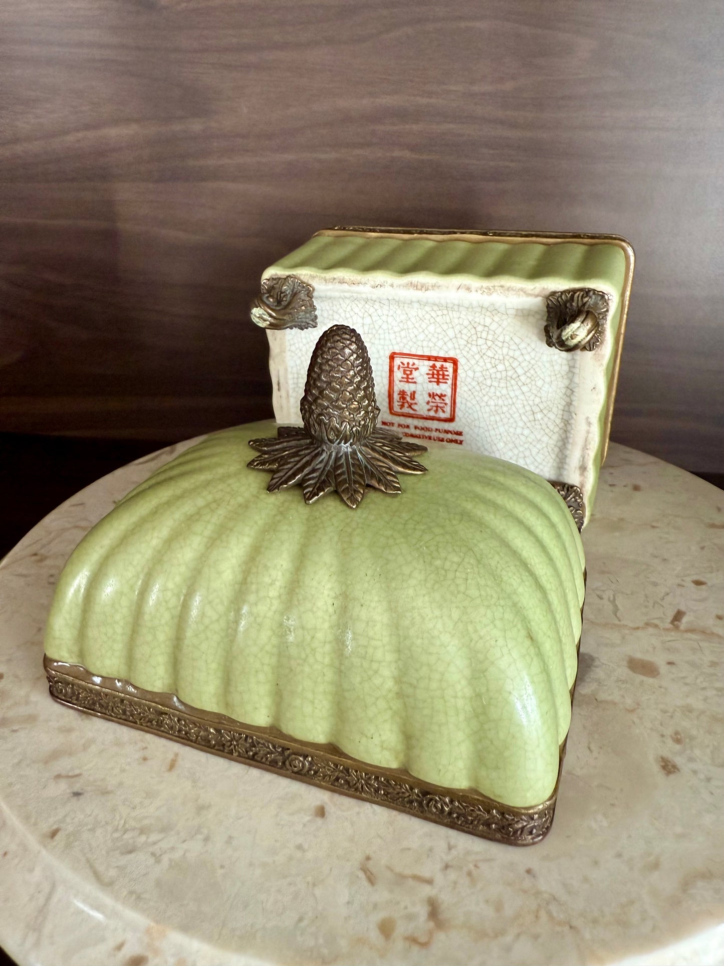 Vintage Porcelain Trinket Dish or Jewelry Box in a Glossy Crackle finish & Bronze Trims on four Legs