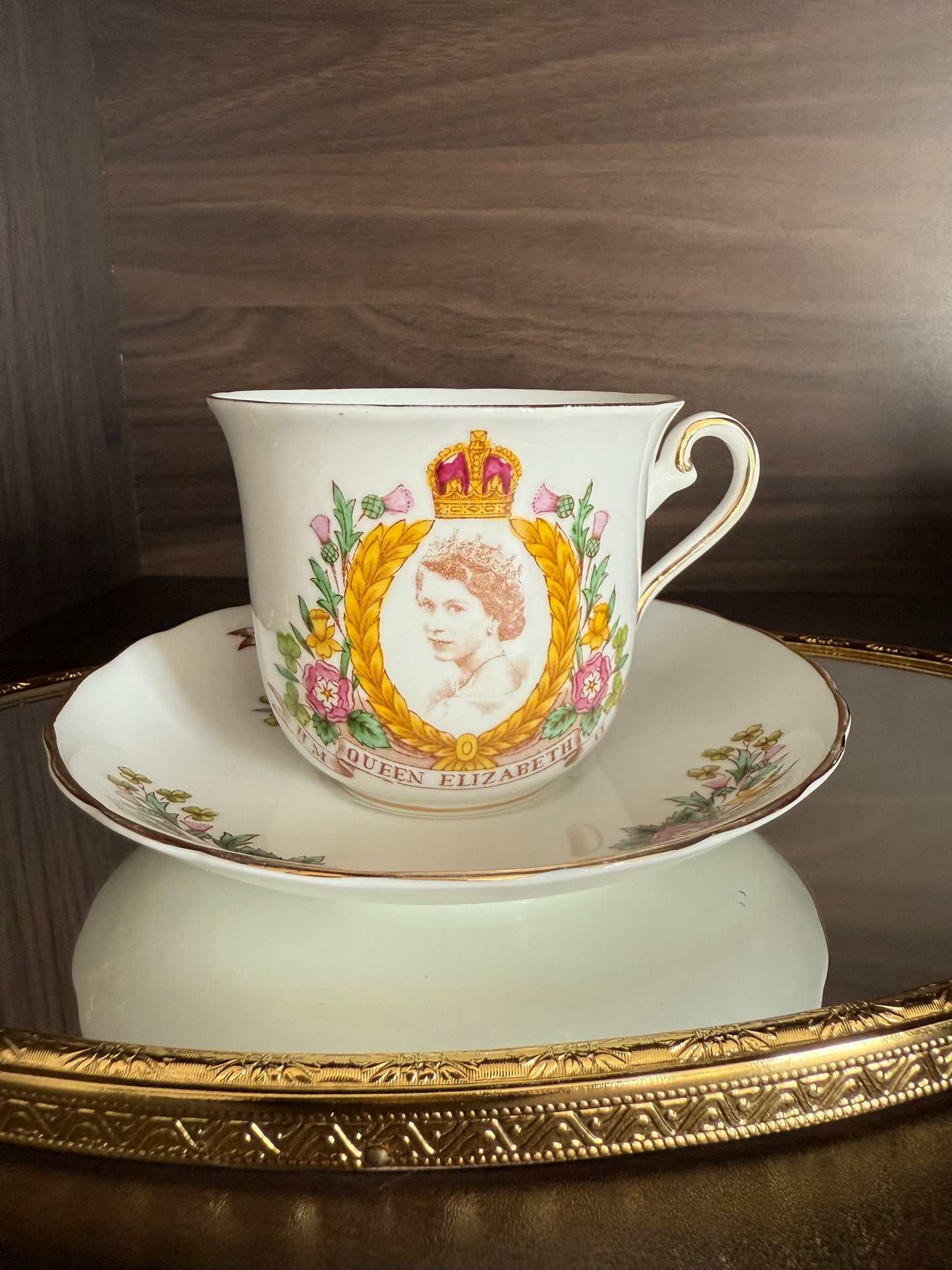 Coronation 1953 H.M. Queen Elizabeth Vintage Tuscan Bone China Roses Tea cup and Saucer, Numbered