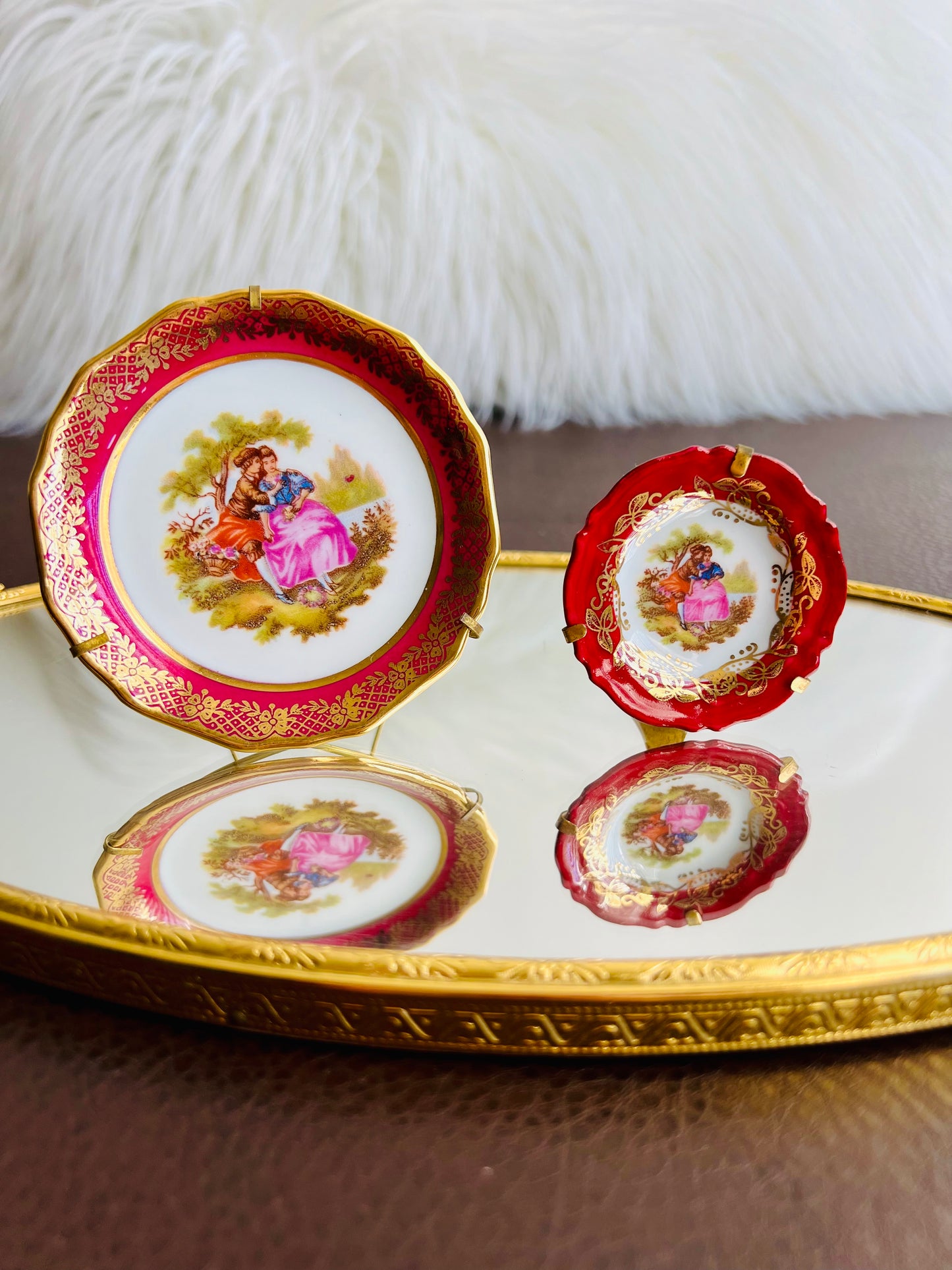 Limoges Vintage Miniature Porcelain Pink Rimmed Plate with Victorian Courting Couple (I have already sold the small plate)