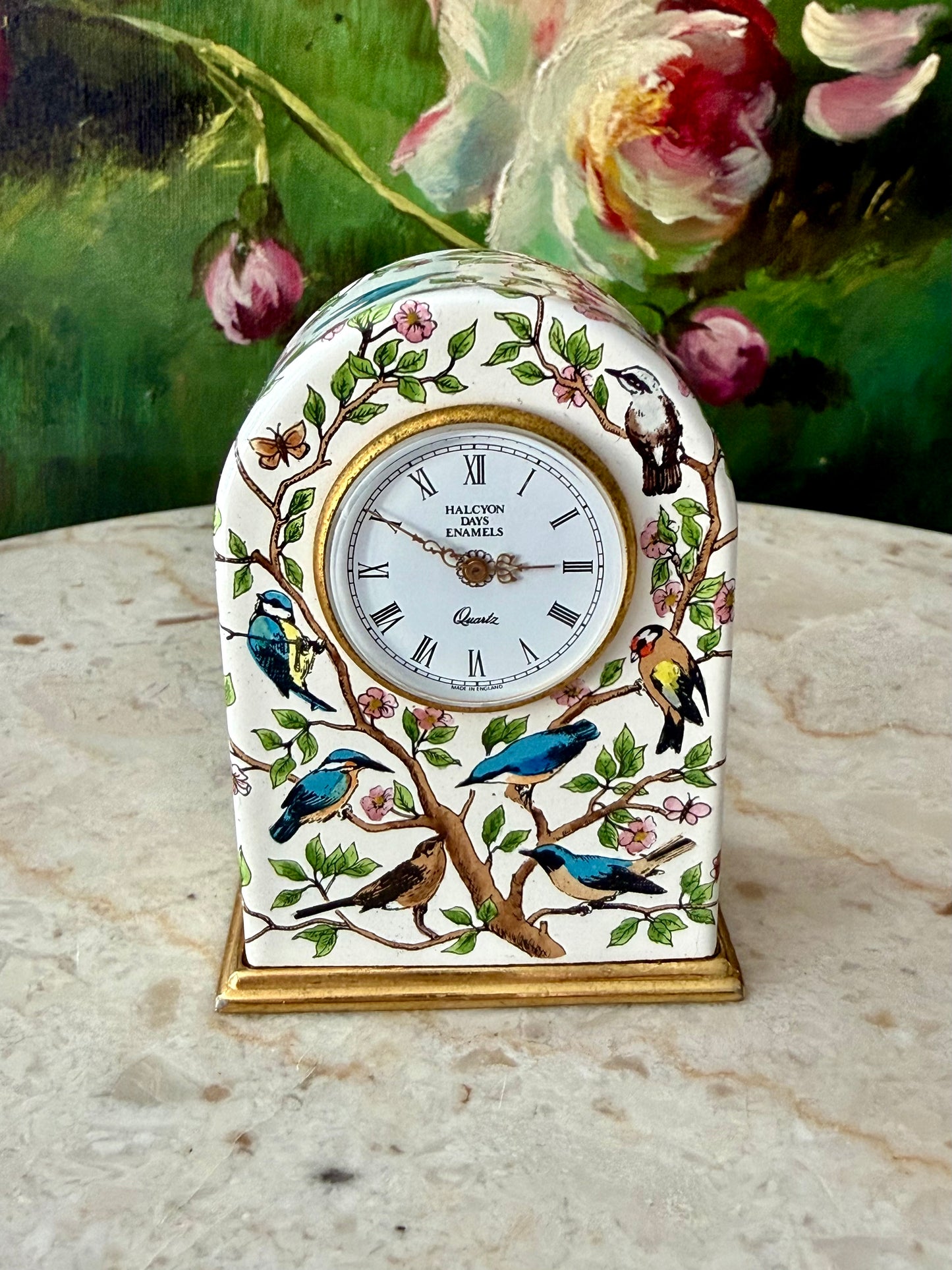 Halcyon Days Vintage Enamel Table Clock with Hand-painted Birds and Flowers Design