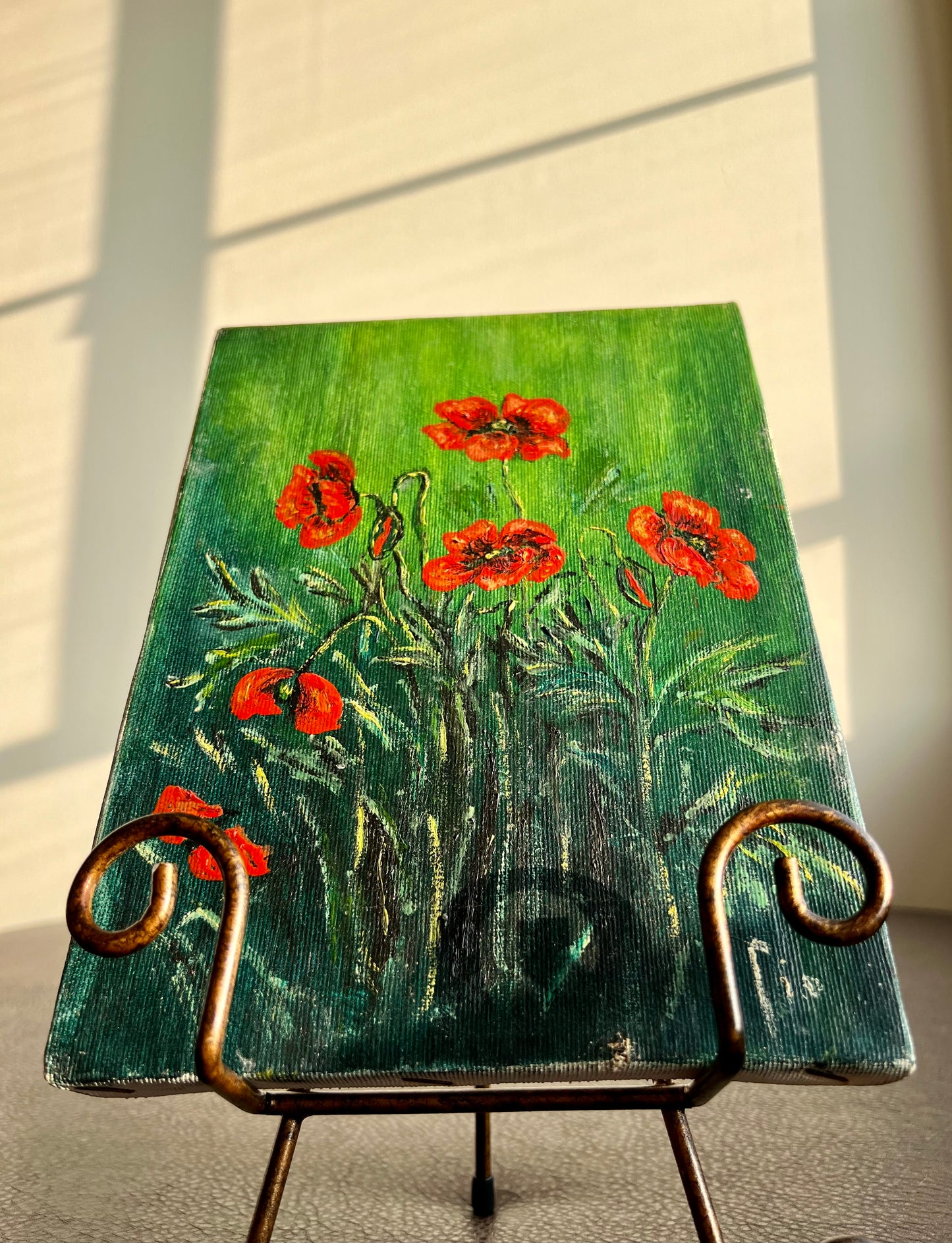 Colorful Field of Poppies Vintage Original Oil Painting on Canvas without Frame, Signed by Artist