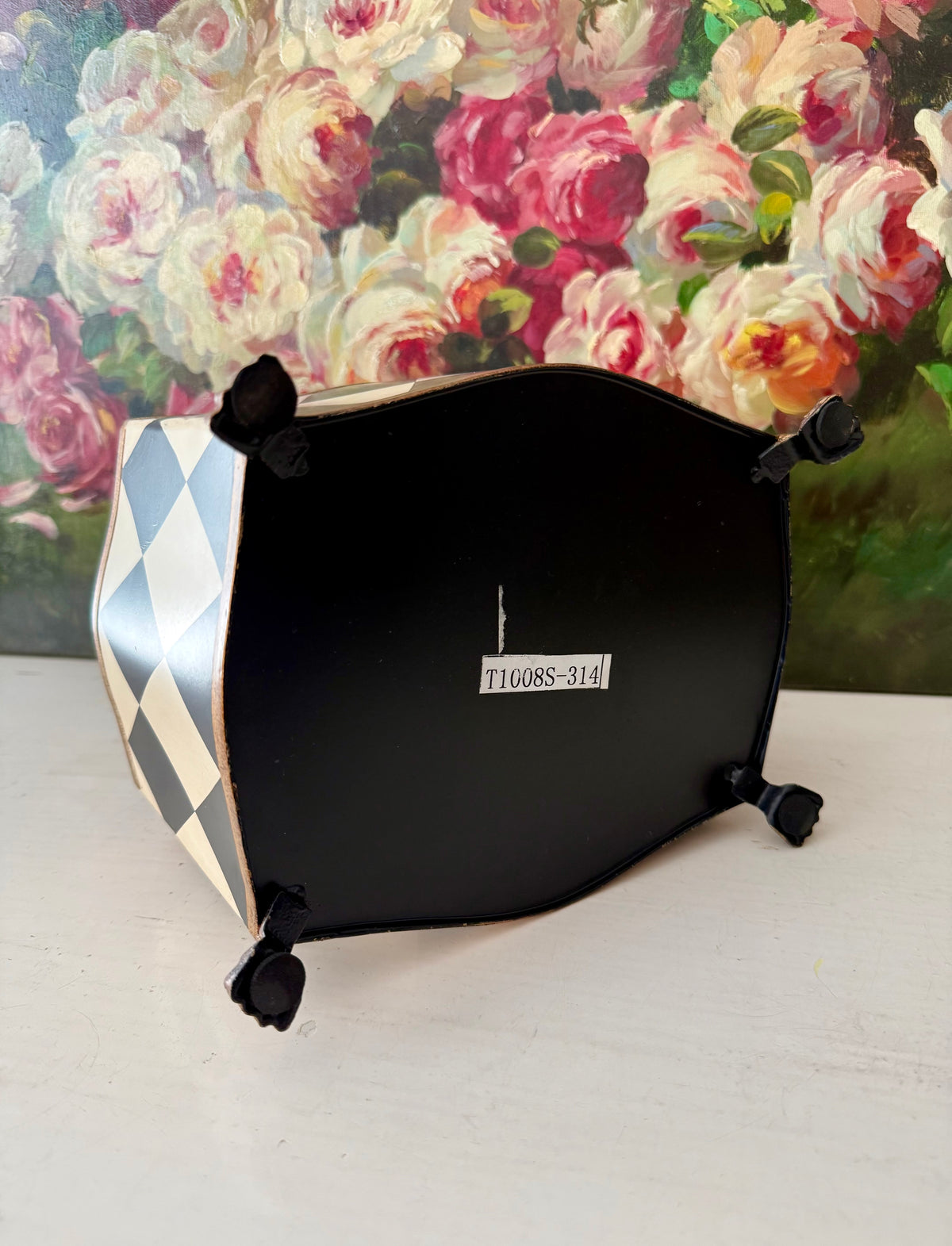 Vintage Hand-painted Metal Flower Pot/Planter with a Harlequin Pattern and Claw Feet