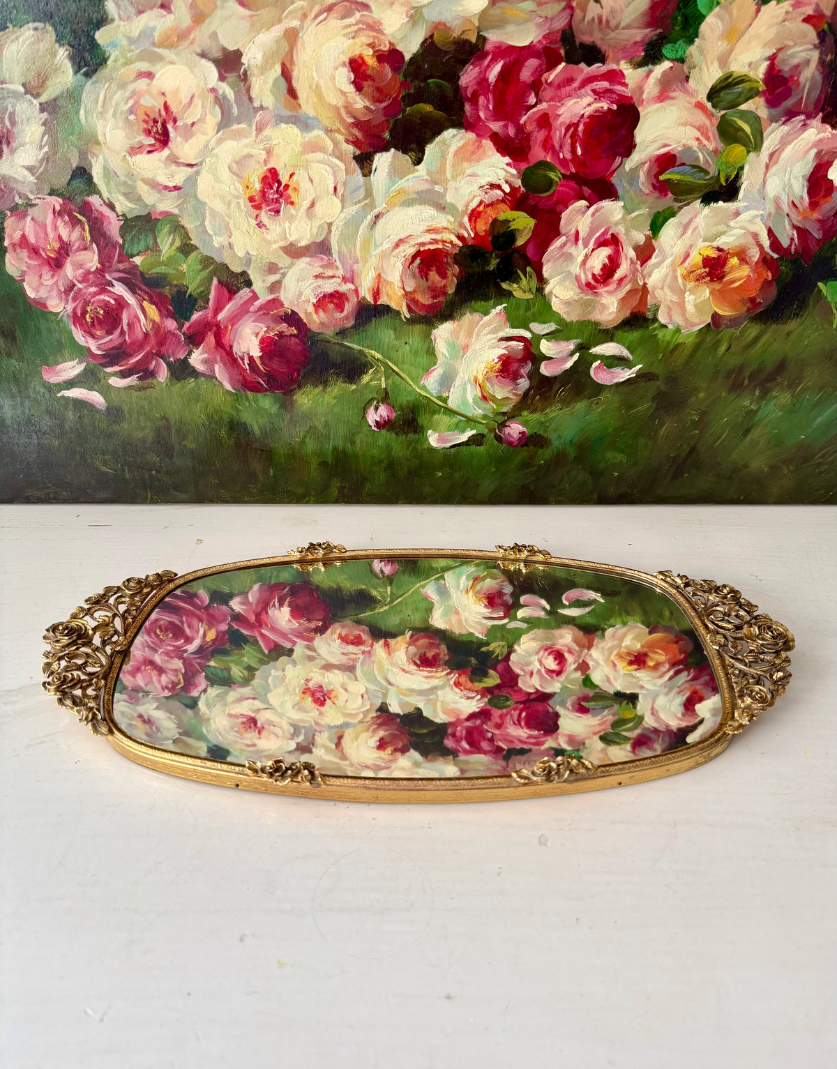 Matson Hollywood Regency Vintage Ornate 24K Gold Gilt Vanity Perfume Mirror Tray with Roses Motifs