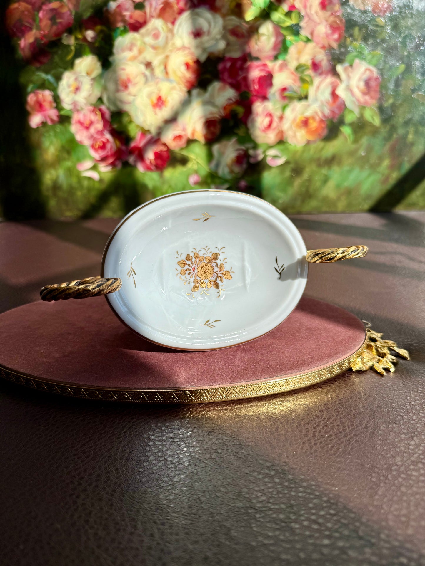 Vintage Victorian Style Porcelain Oval Soap Dish with Gilded Brass Handles