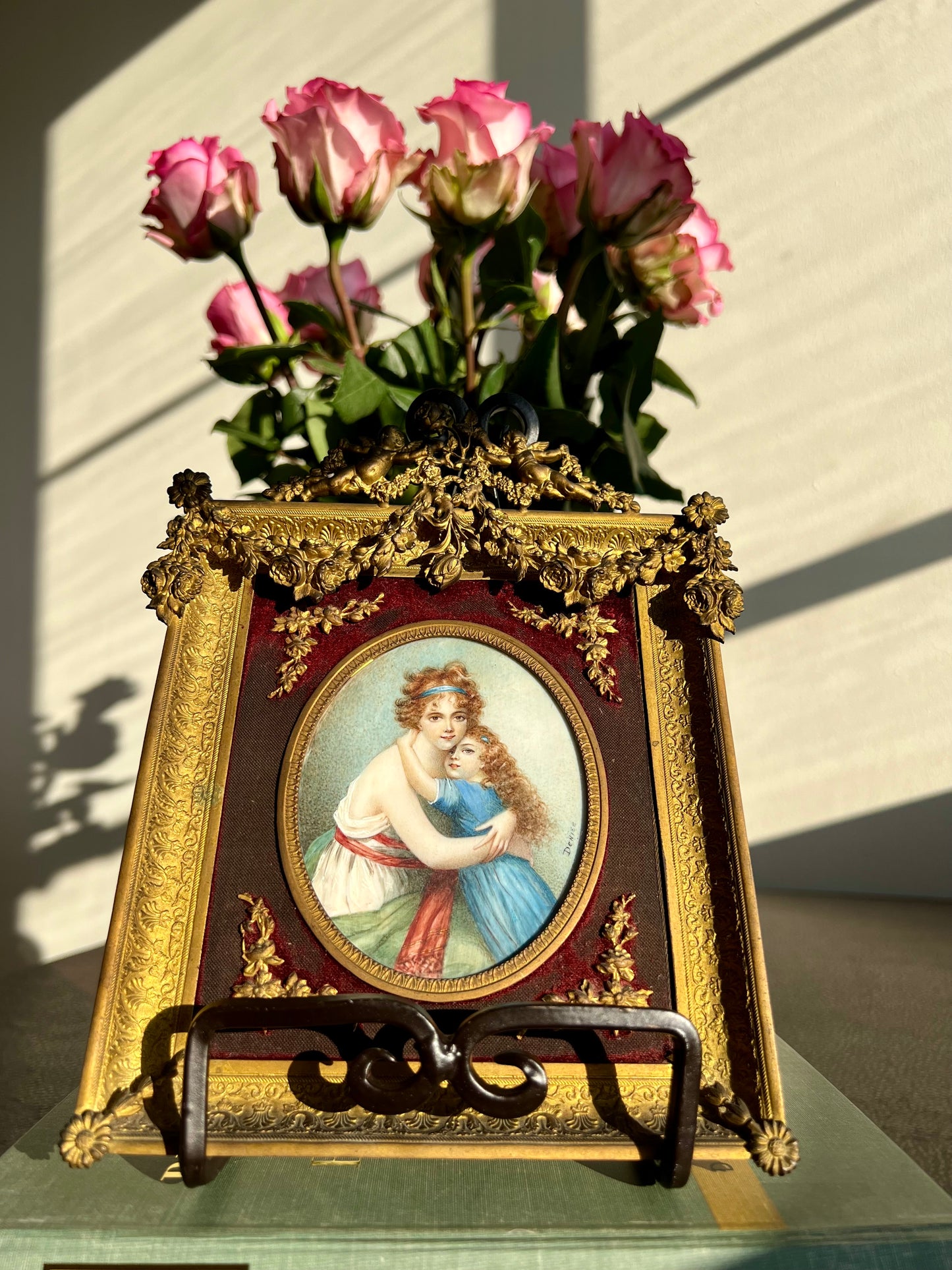 Antique French Mother and Daughter Miniature Portrait Signed Painting, Bronze Framed circa Late 19th Century