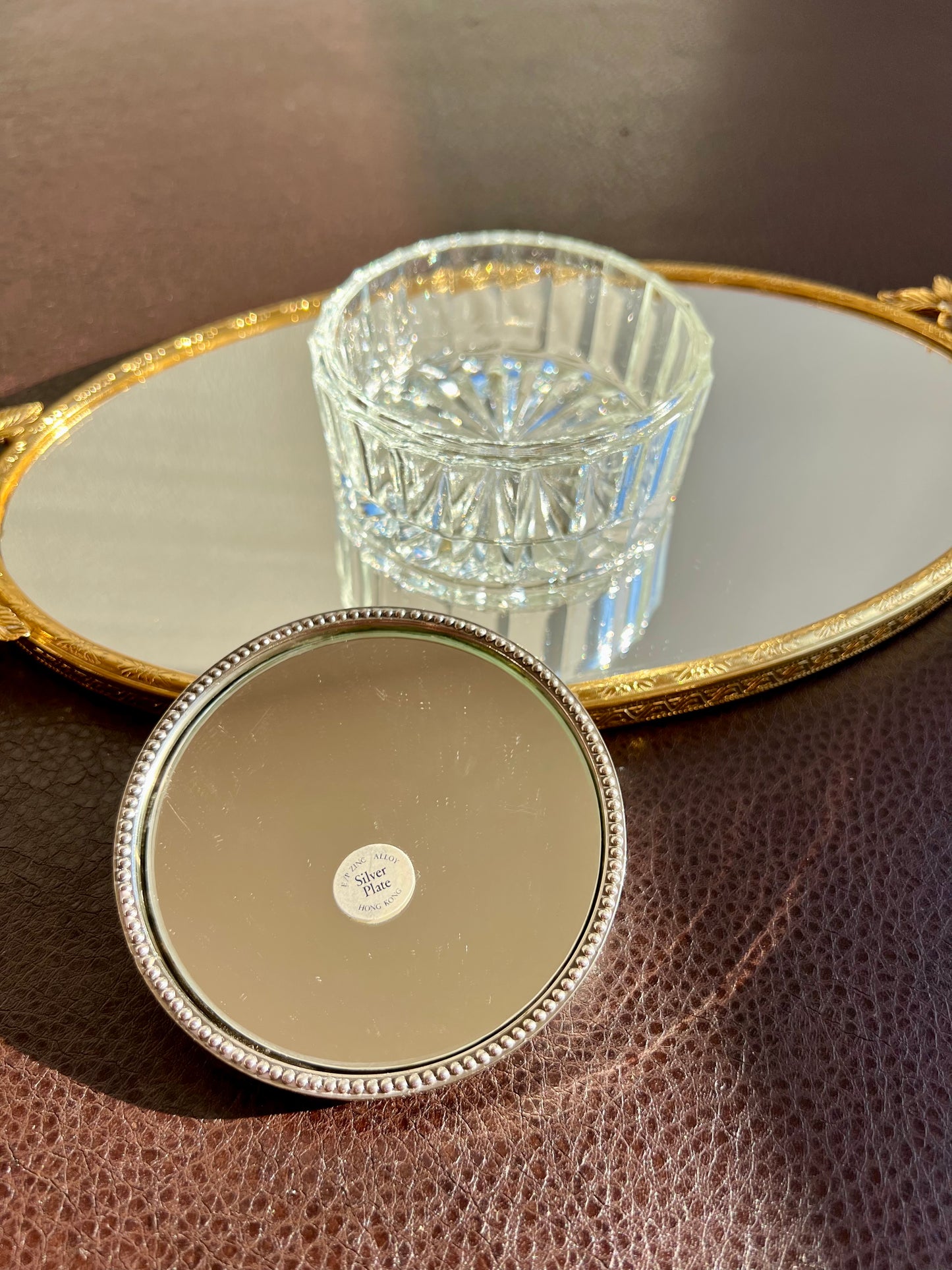 Vintage GODINGER Glass Powder Jar Ornate with Heavy Silver-plated Lid on the Top & Mirror