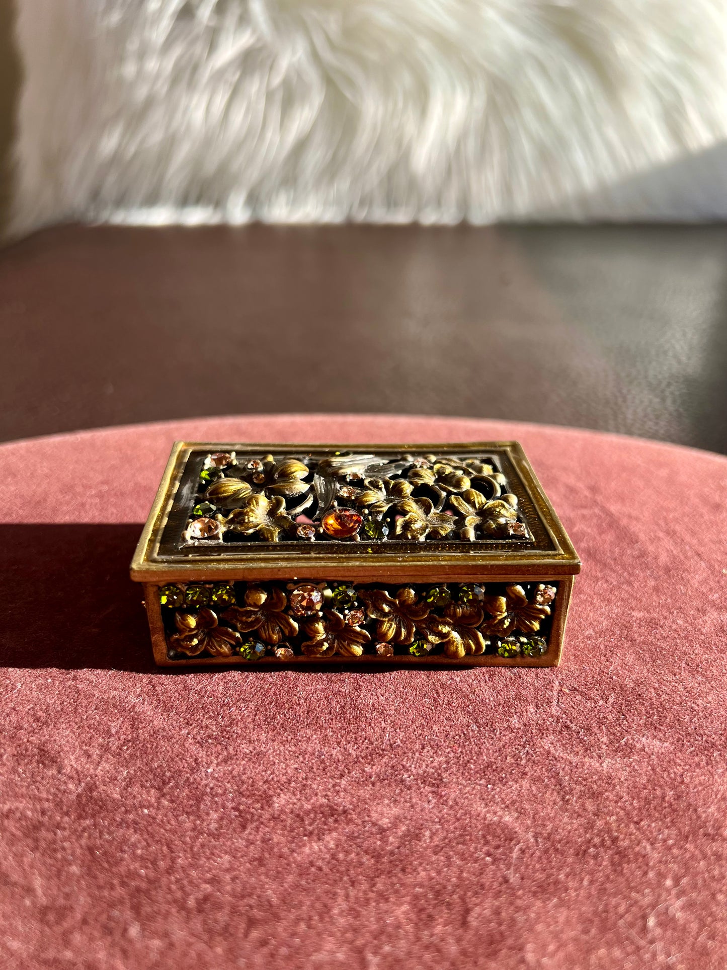 Enameled Vintage Metal Jewelry/ Trinket Box with Colorful Rhinestone Jewels