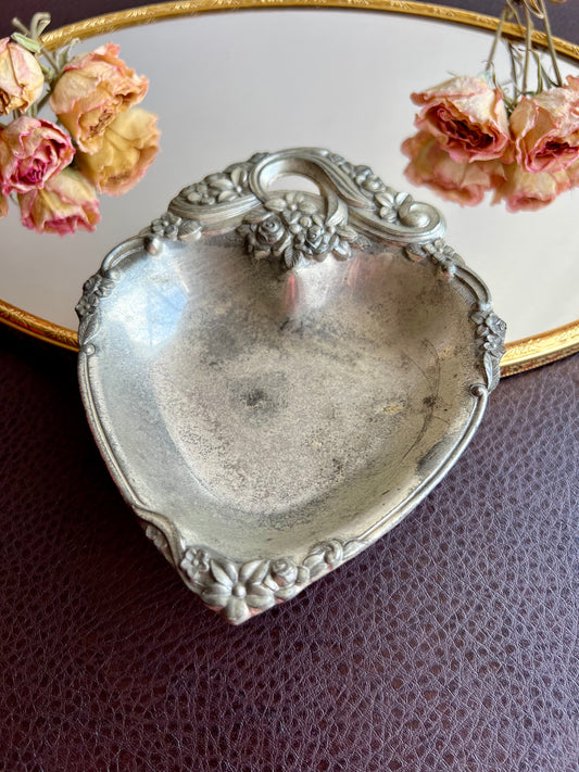 Italian Style Silver Plated Metal Heart Shaped Vintage Change Dish, Bon Bon Dish or Jewelry Holder