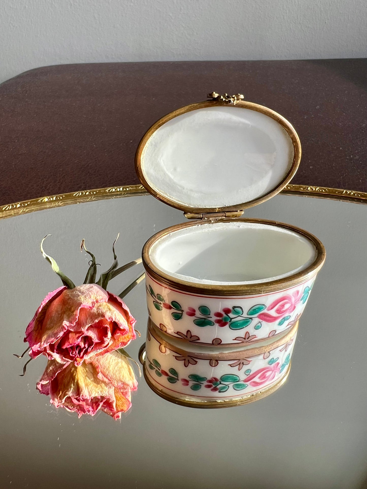 Antique/ Vintage French Oval Porcelain Miniature Jewelry or Pill Box with Decorative Floral Motifs - Double Red LL and ‘Made in France’ Marks on the Bottom