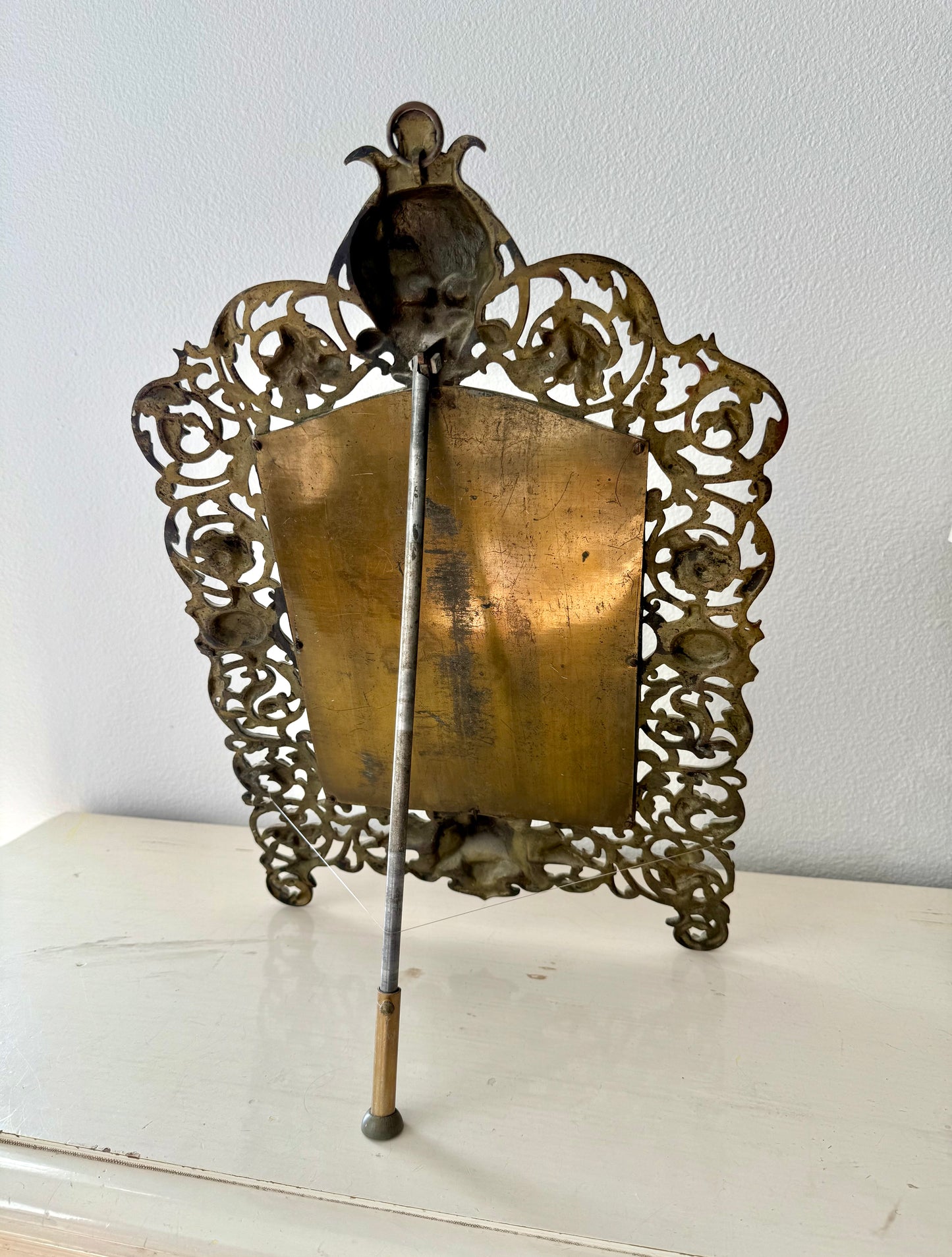 Antique Gilded Cast Iron Cherub and Lion Heads, Victorian French Style Ornate Vanity Table Mirror from Late 19th Century