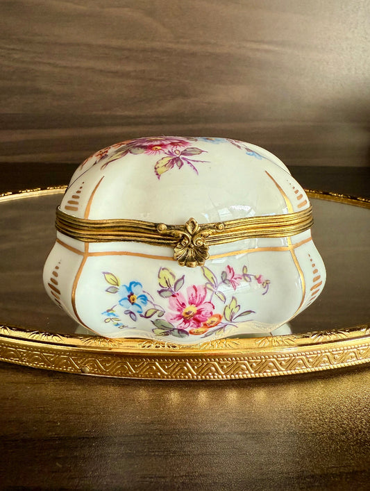 Meissen Style Antique/ Vintage Porcelain Hand-Painted Jewelry or Trinket Box with Floral Motifs and Crossed Swords Mark