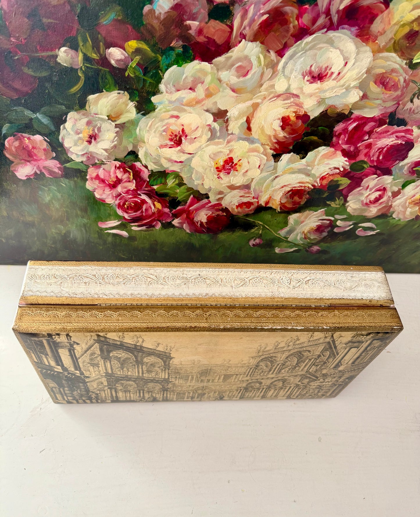 Fratelli Alinari Architectural Gold gilded Large Vintage Wooden Florentine Jewelry Box, Made in Italy