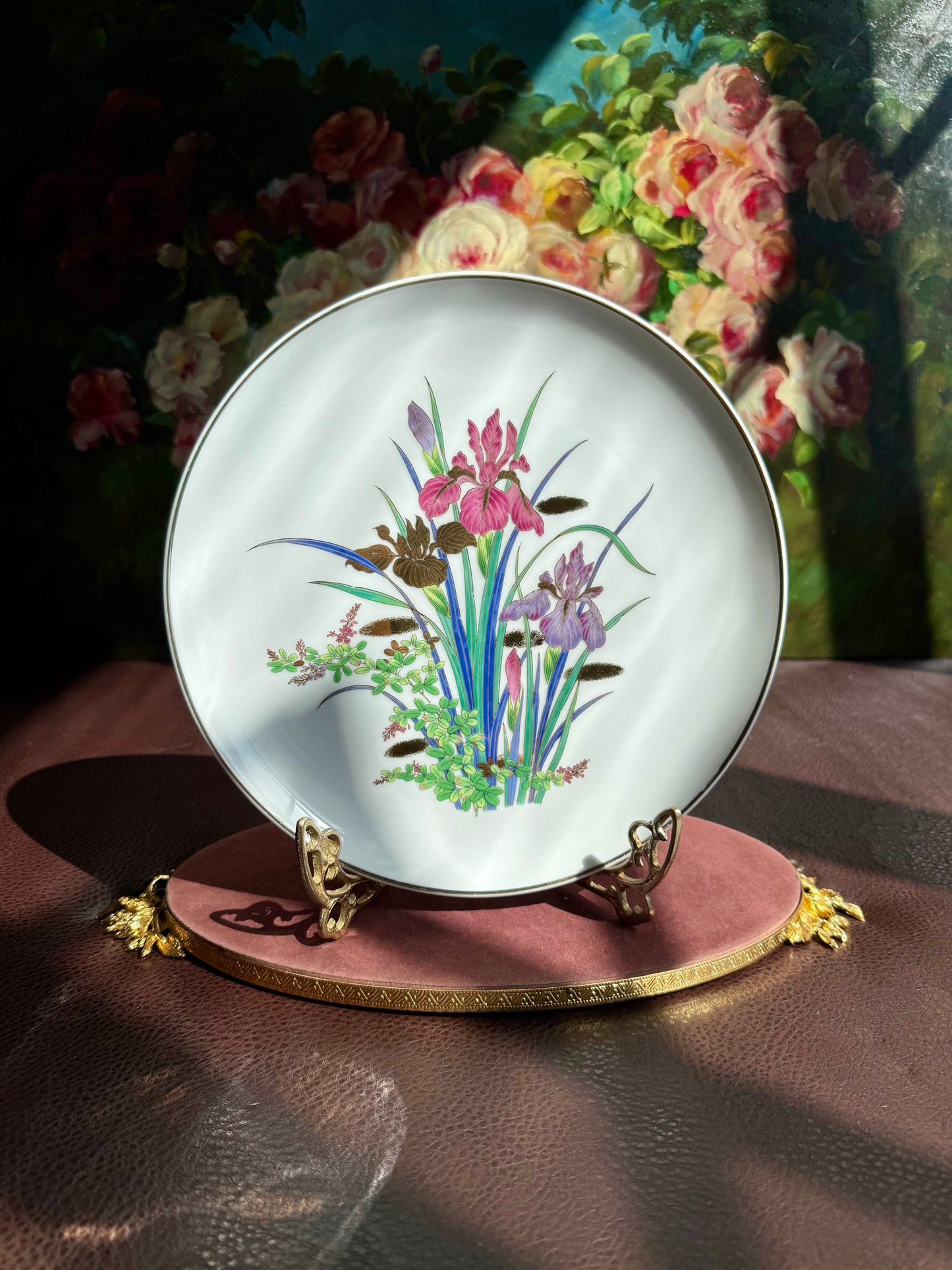 Iris Flower Design Hand-Painted and Gold Trim Vintage White Porcelain Plate - Made in Japan