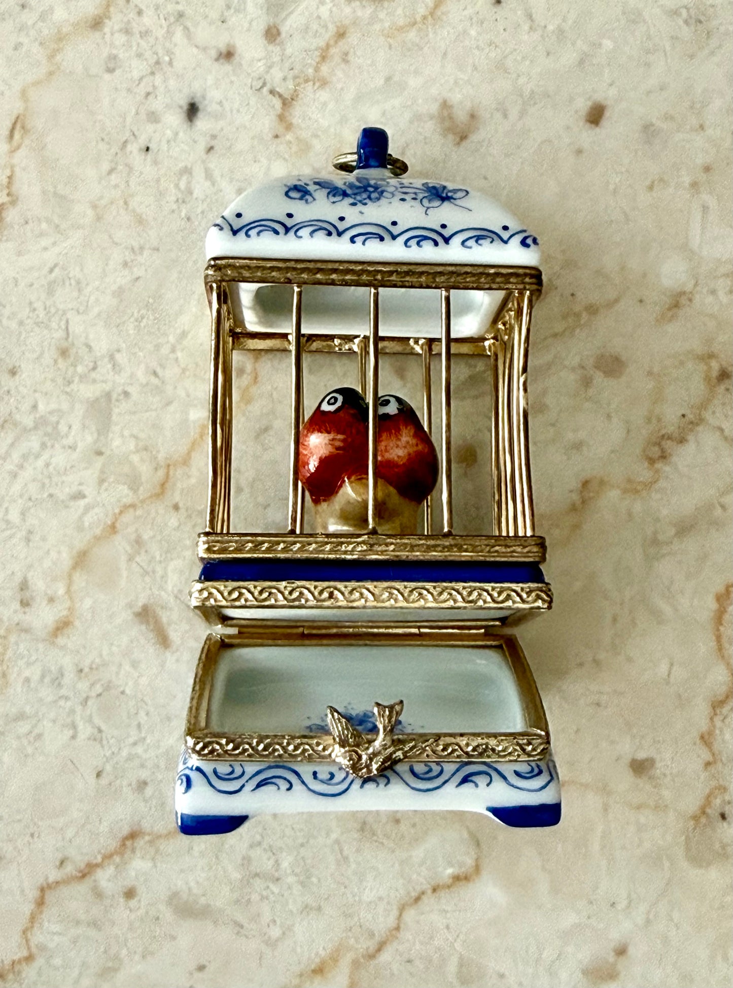 French Limoges Hand-painted Vintage Porcelain Love Birds in Cage Trinket/ Pill or Jewelry Box