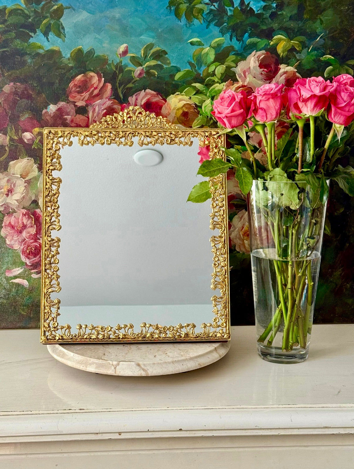 Antique/ Vintage French Victorian Style Gold-gilded Brass Framed Wall or Table Mirror with Flowers Decoration on the Frame