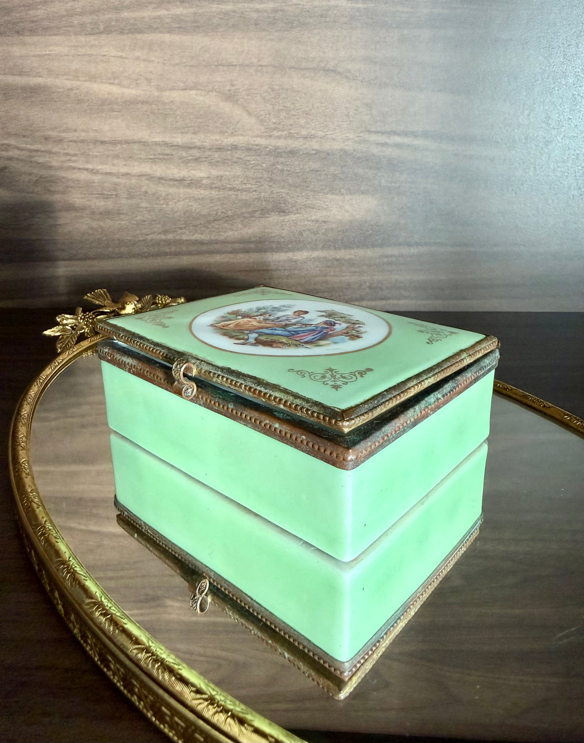 Antique European French Style Green Porcelain Jewelry or Trinket Hinged Box