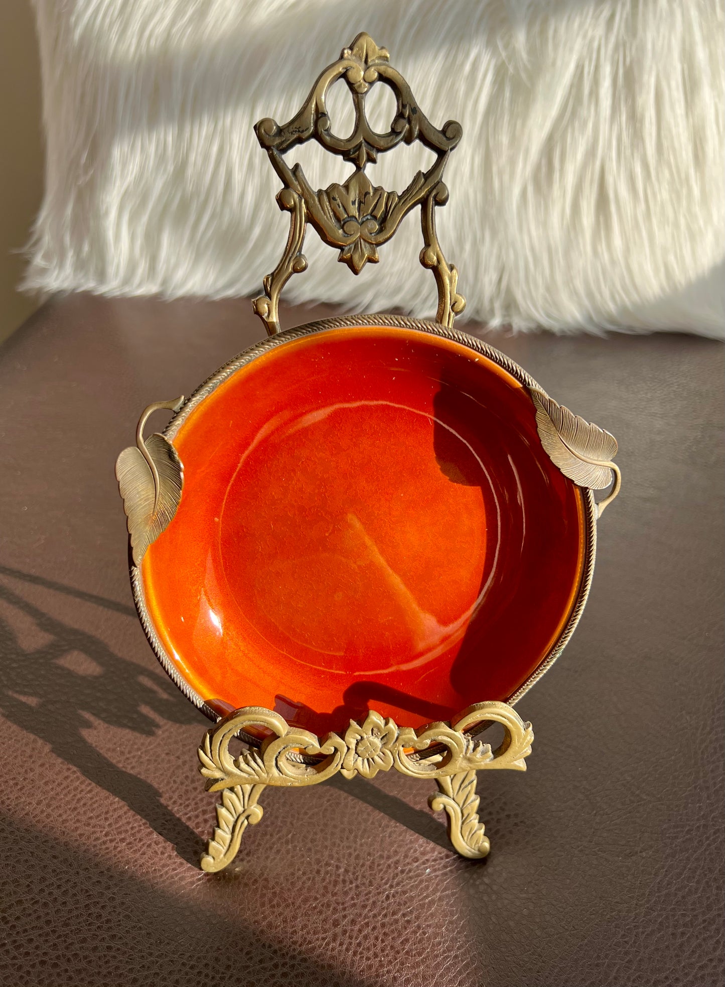 1980s Vintage Orange Round Enamel on Metal Dish or Jewelry Tray by Evans