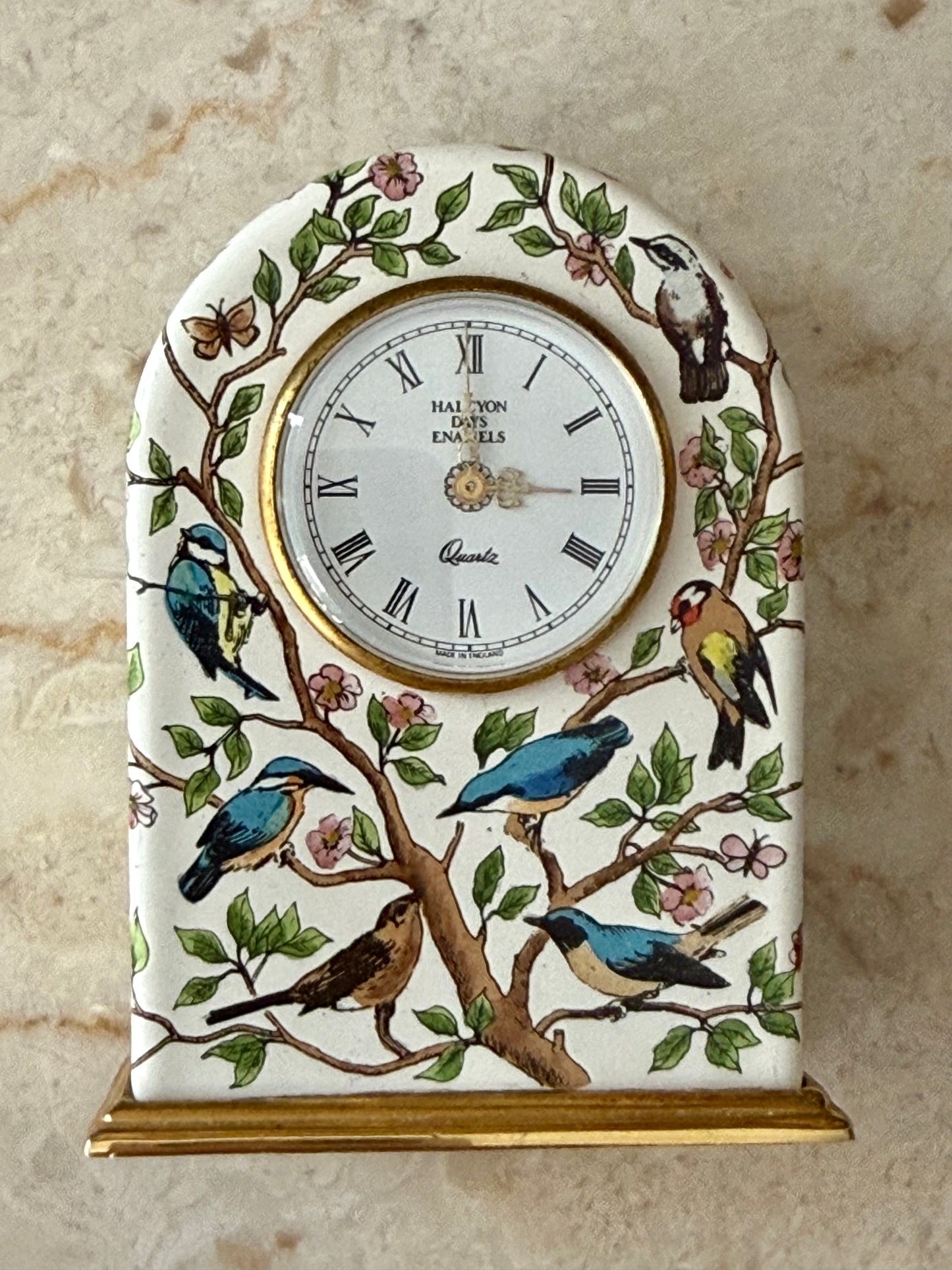 Halcyon Days Vintage Enamel Table Clock with Hand-painted Birds and Flowers Design