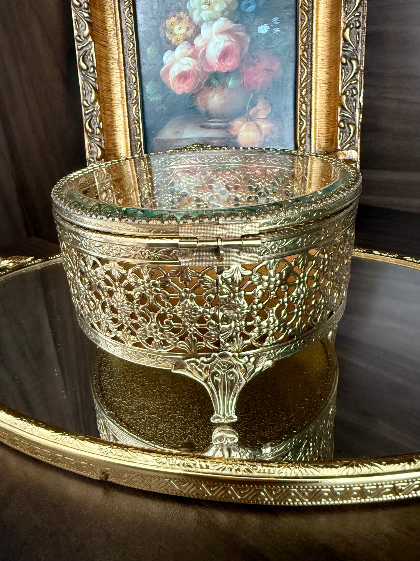 Hollywood Regency Style Vintage Round Gold Filigree Ormolu Glass Top Jewelry/ Trinket Box Footed