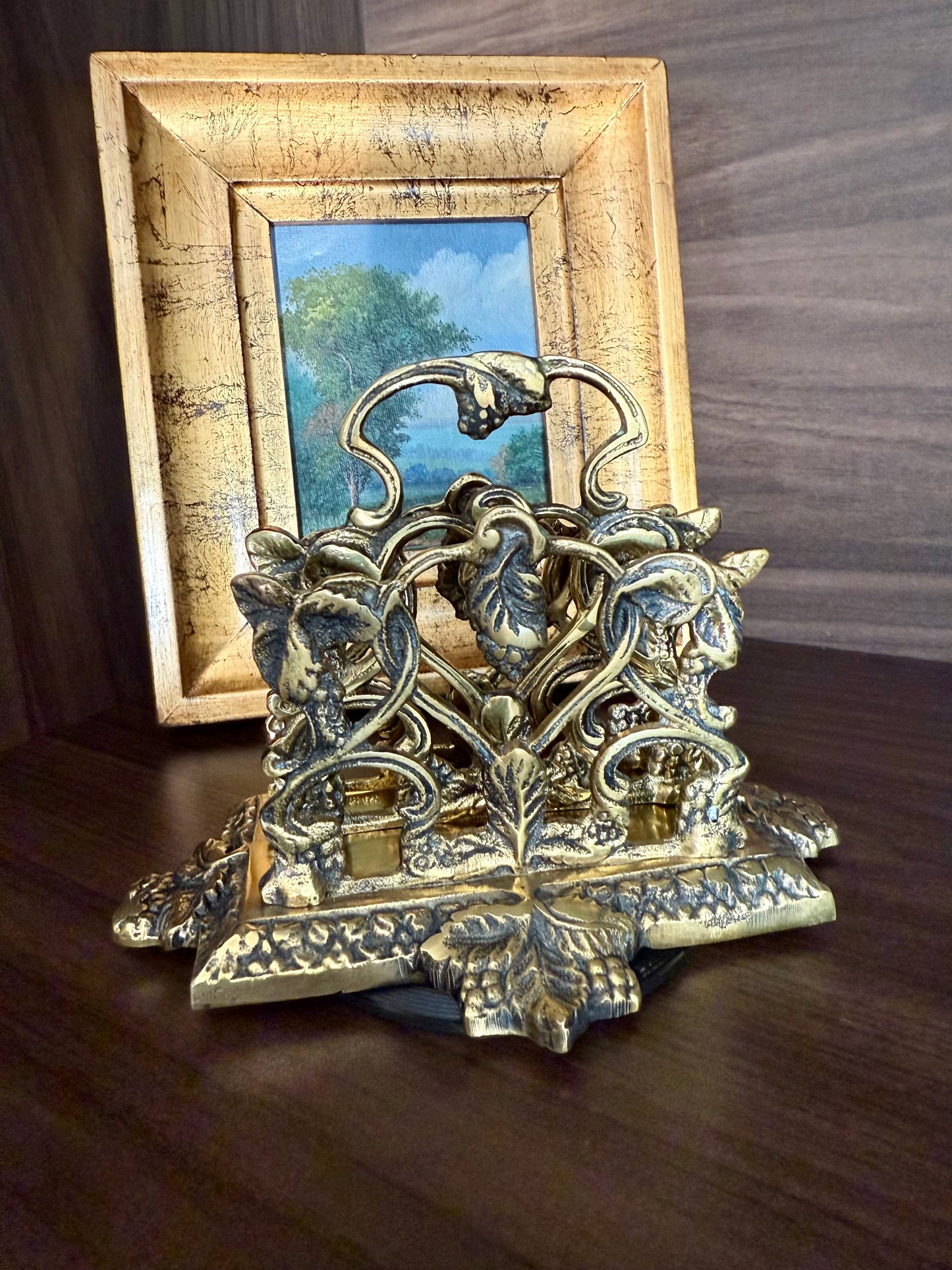 Vintage Brass Letter or Napkin Holder Desk Organizer with Grape Leaf Decoration, Made in England
