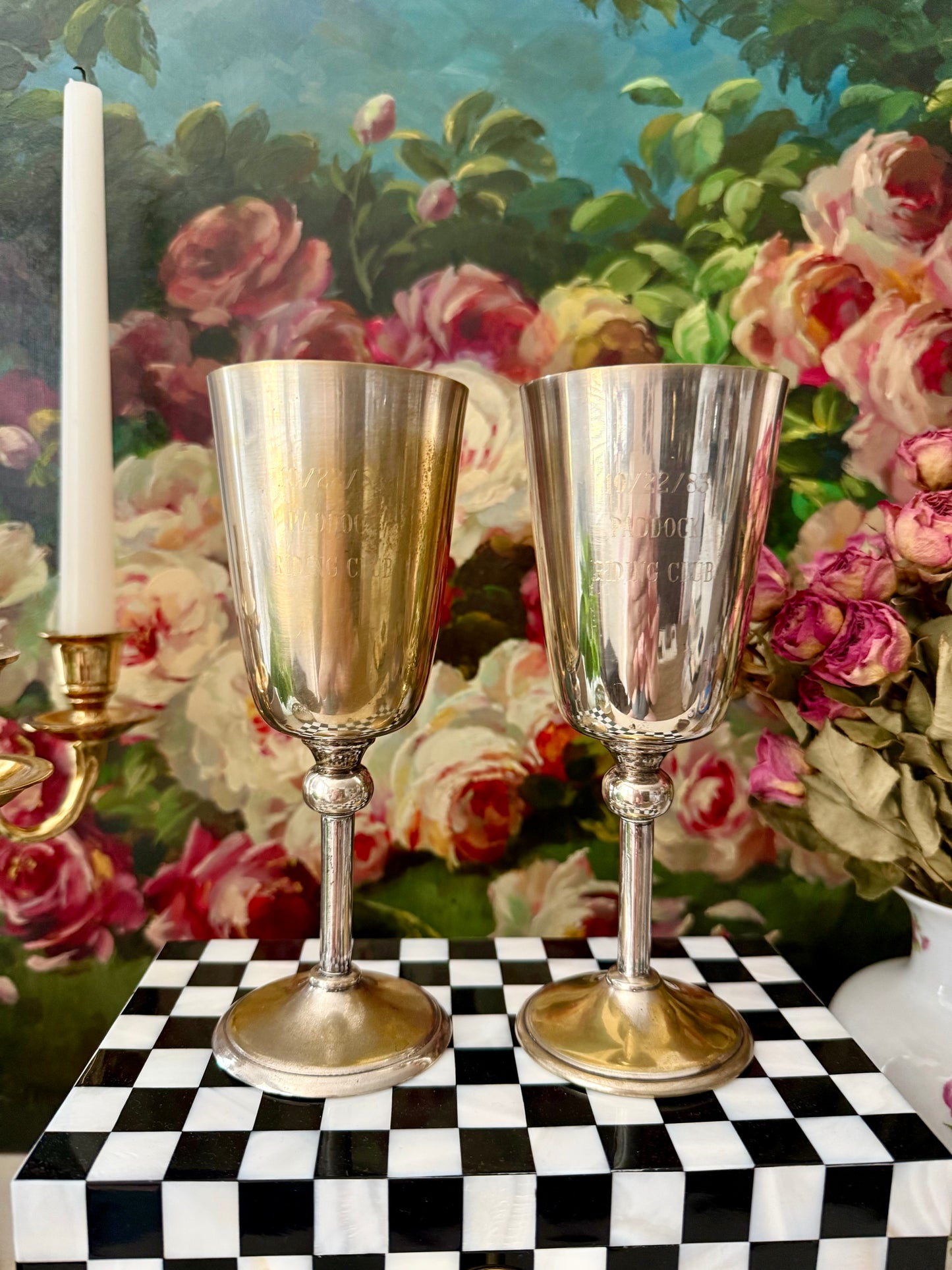 A Pair of Vintage Silver-Plated Wine Glasses with Long Stems and Slightly Flared Tops - these from the estate of Hollywood actor, writer, director, and producer Howard Storm