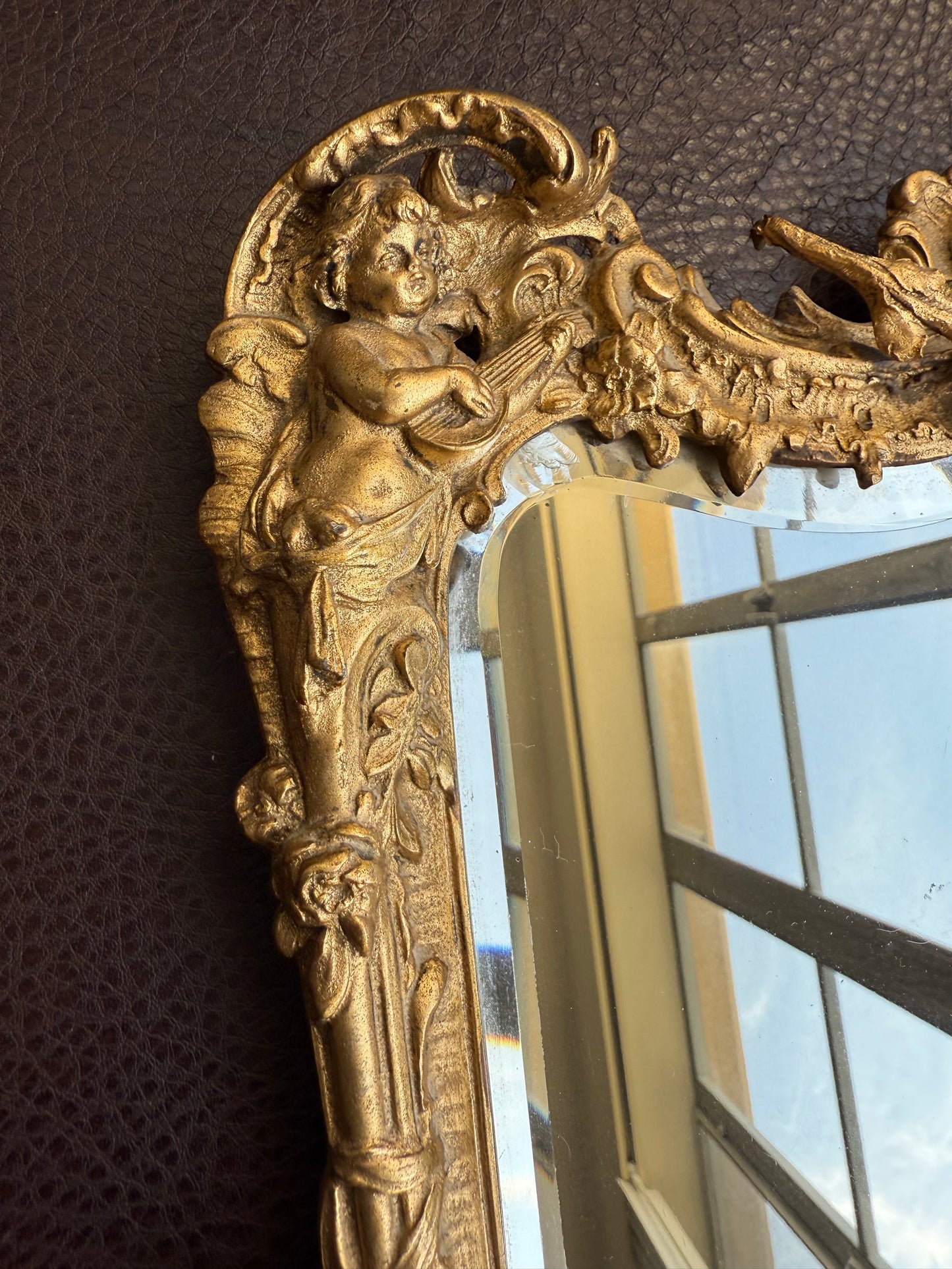 Antique Italian Rococo-Style Table Mirror with Gilded Frame, Featuring Putti (cherubs) Decor and Floral Painting
