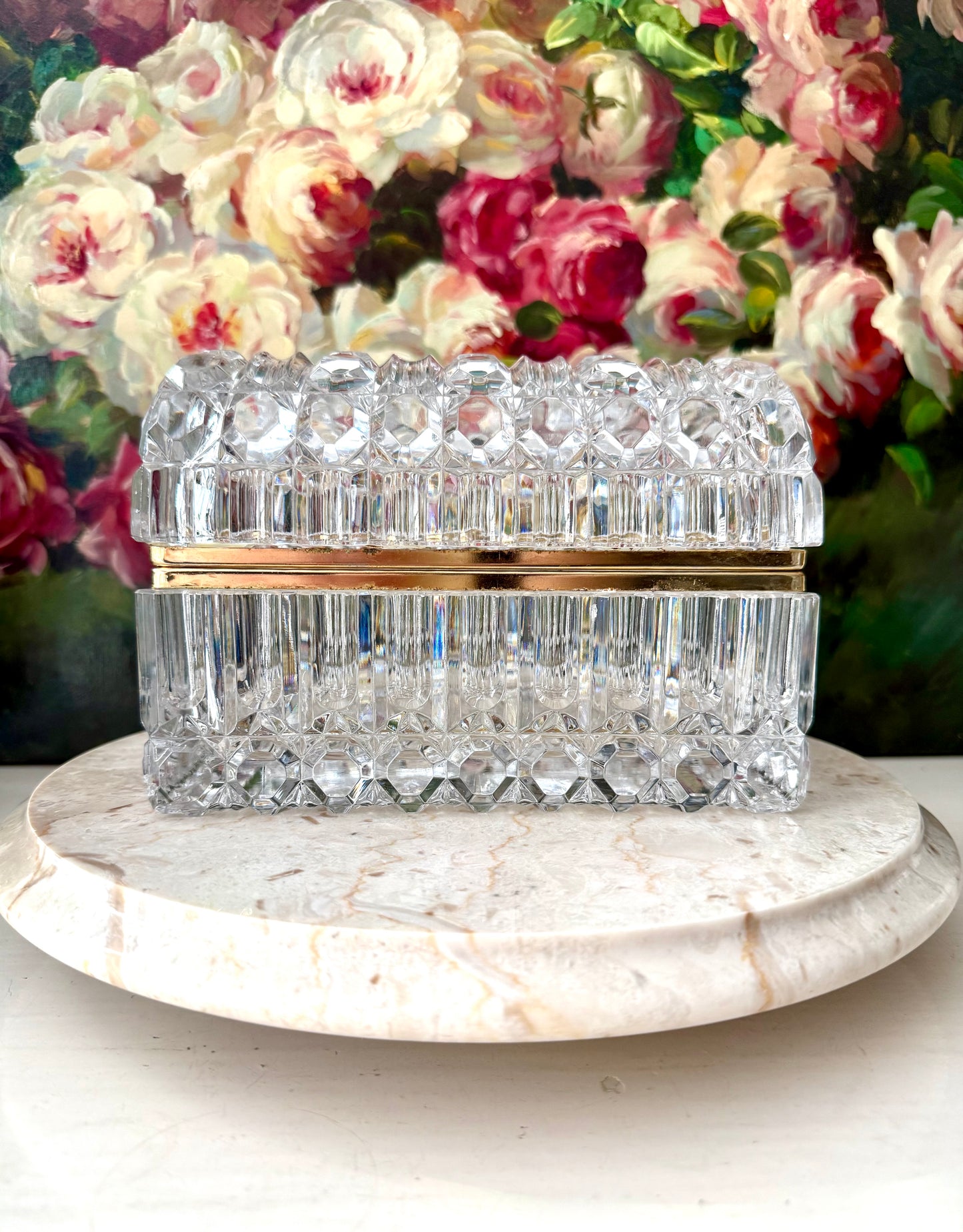 1960s Baccarat Style Heavy Cut Crystal Large Lidded Vintage Jewelry or Trinket Box/ Casket with Brass Frame