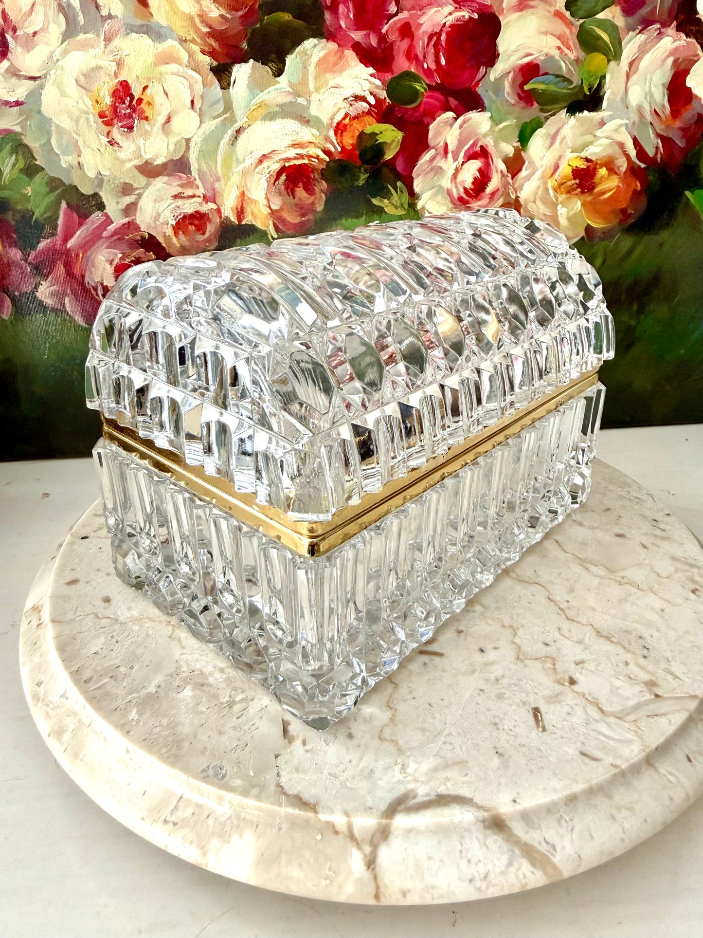 1960s Baccarat Style Heavy Cut Crystal Large Lidded Vintage Jewelry or Trinket Box/ Casket with Brass Frame