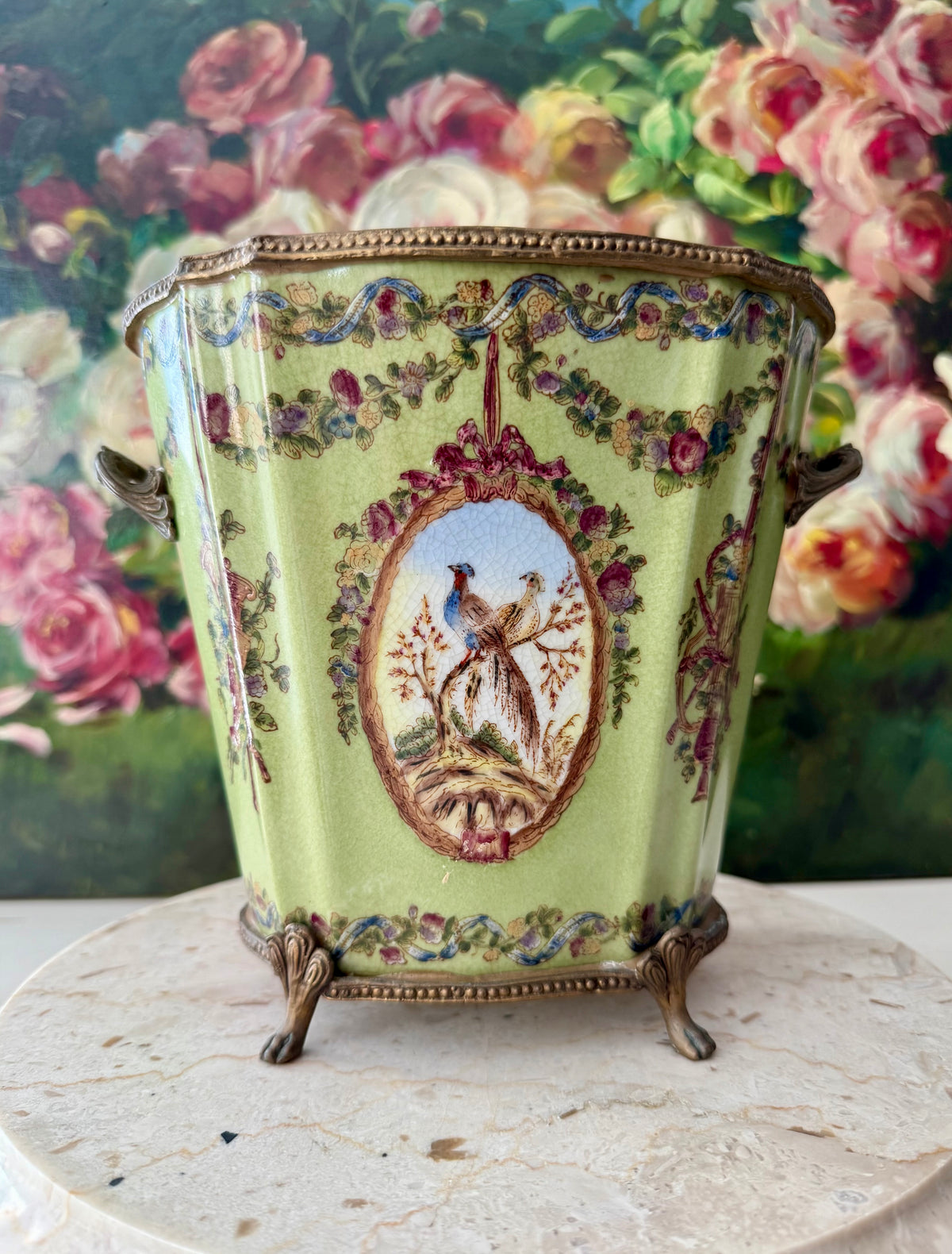 Antique Green Pheasant Bird and Floral Garland Porcelain Brass Footed Cache Pot or Jardiniere