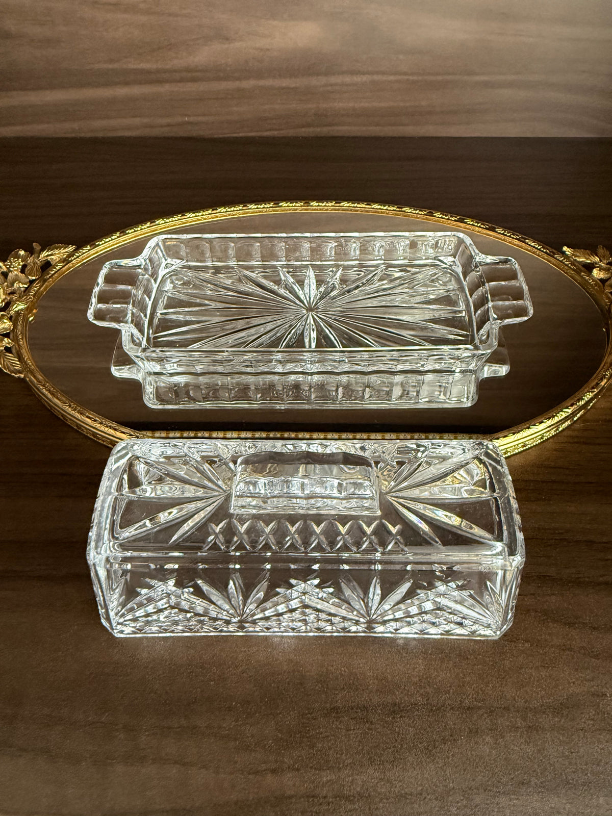 Vintage Cut Crystal Glass Butter Dish with a "Cherrywood Clear" Style Pattern