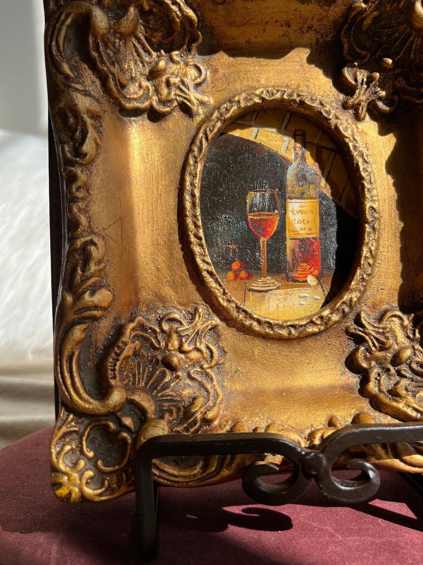 Glass and a Bottle of Wine Vintage Mini Oil Painting with Gilded Frame