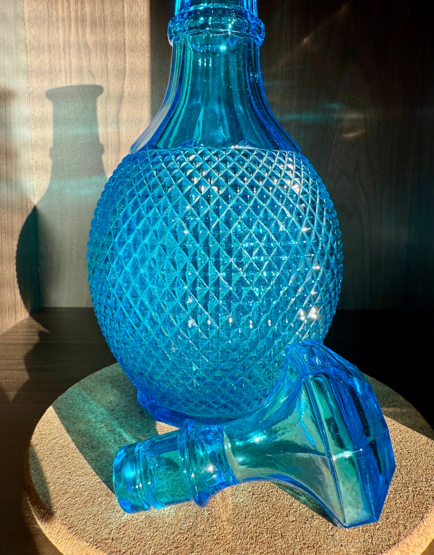 Mid-Century Italian Vintage Empoli-Style Blue Diamond Cut Glass Decanter Bottle