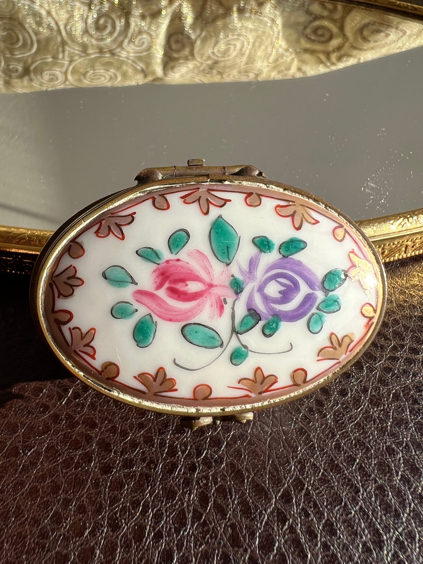 Antique/ Vintage French Oval Porcelain Miniature Jewelry or Pill Box with Decorative Floral Motifs - Double Red LL and ‘Made in France’ Marks on the Bottom