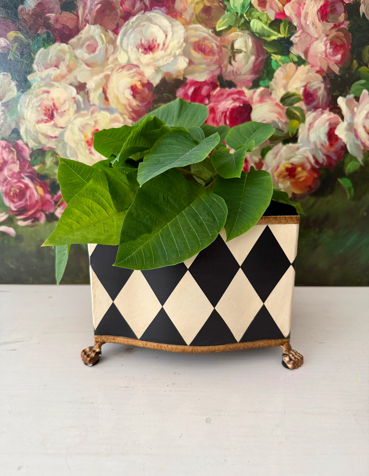 Vintage Hand-painted Metal Flower Pot/Planter with a Harlequin Pattern and Claw Feet