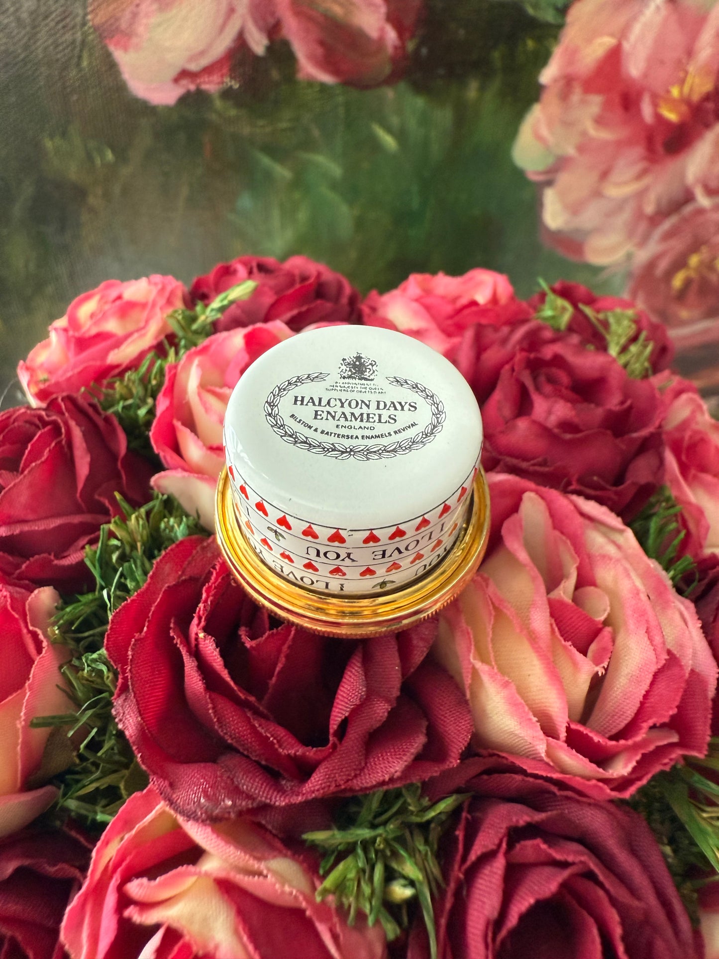 Halcyon Days Mini Enamels “I Love You” Rose Flower Hearts Leaves Trinket or Jewelry/ Pill box