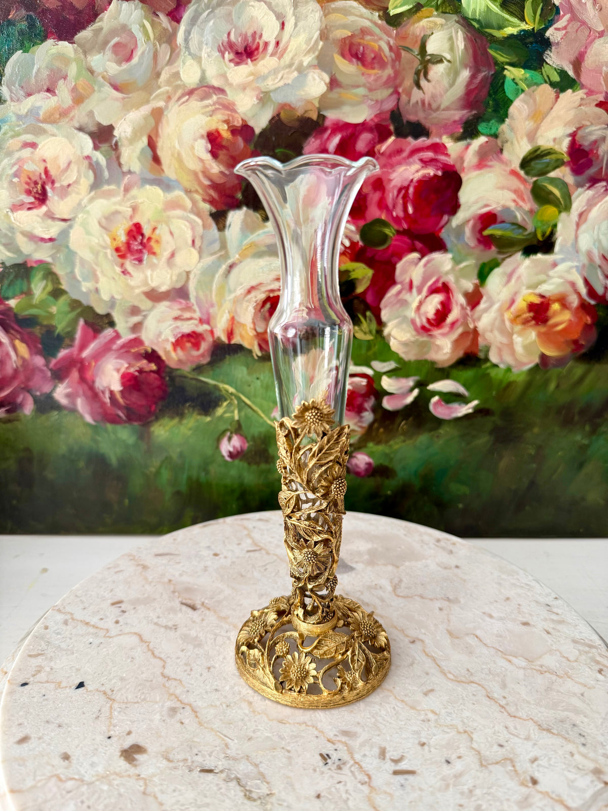 24k Vintage Matson Gold-plated Sunflower Brass Filigree Ormolu with Removable Glass Vase