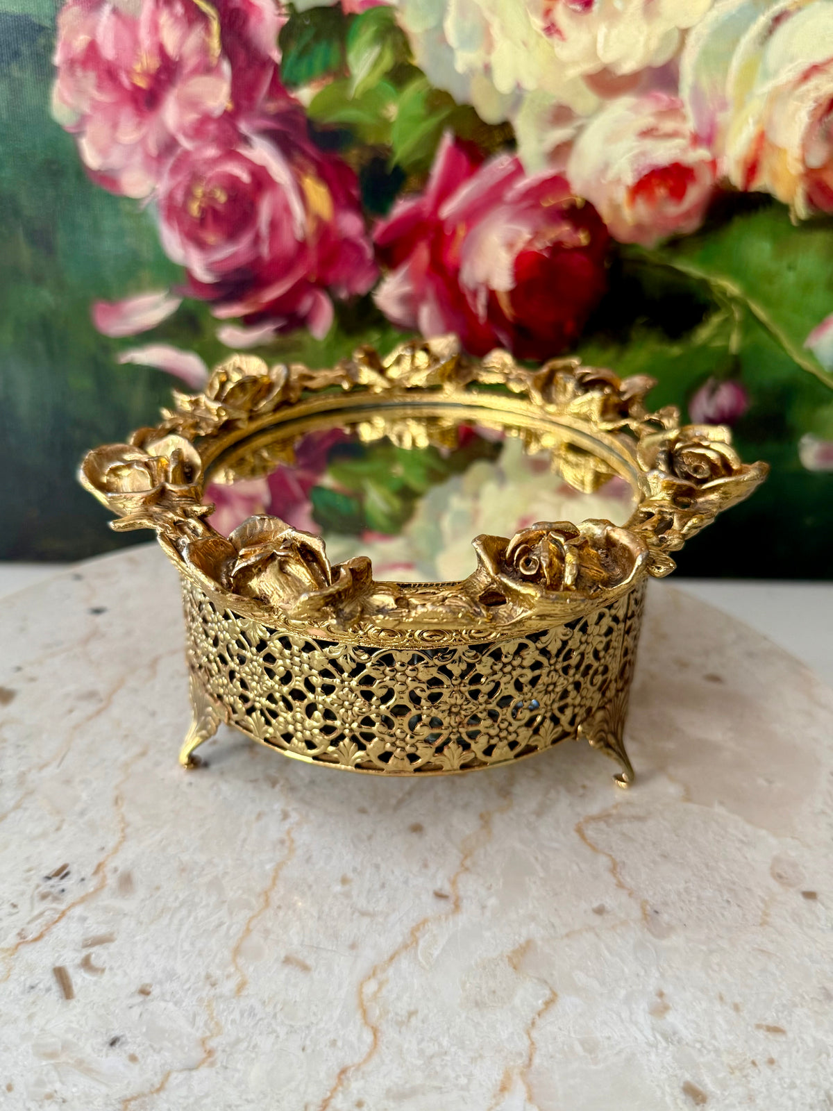 1960s Hollywood Regency Vintage 24K Gold-plated Ormolu Filigree with Mirrored Glass and Rose Motifs Trinket Box or Powder Jar
