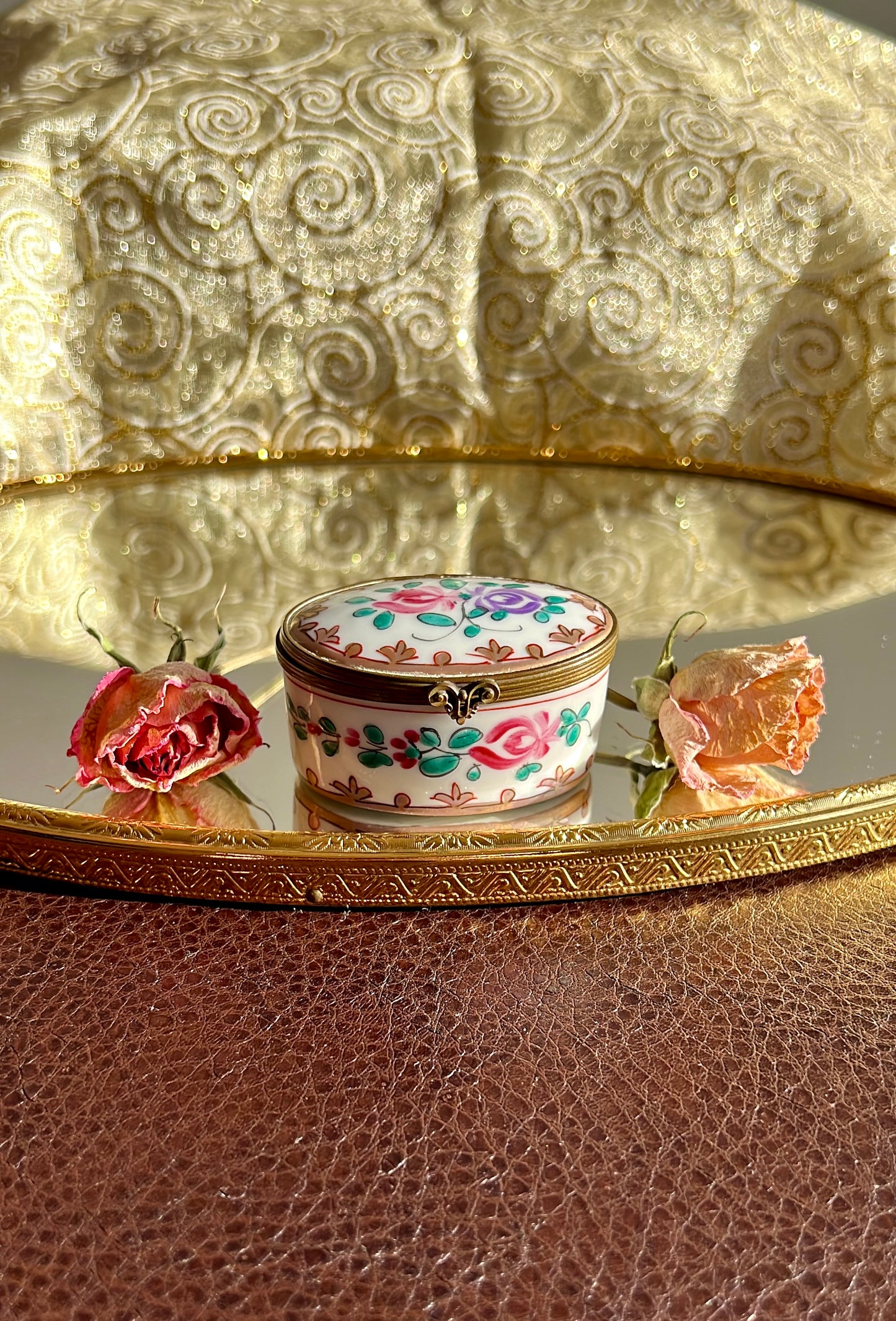 Antique/ Vintage French Oval Porcelain Miniature Jewelry or Pill Box with Decorative Floral Motifs - Double Red LL and ‘Made in France’ Marks on the Bottom