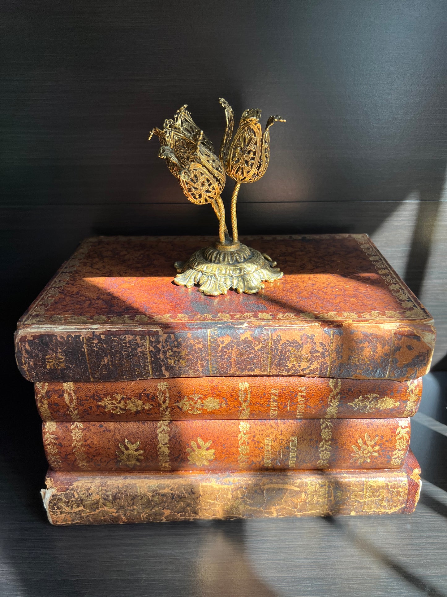 Antique Early 20th Century French Leather Book Tantalus Box with 4 Shot Glasses and 2 Decanters