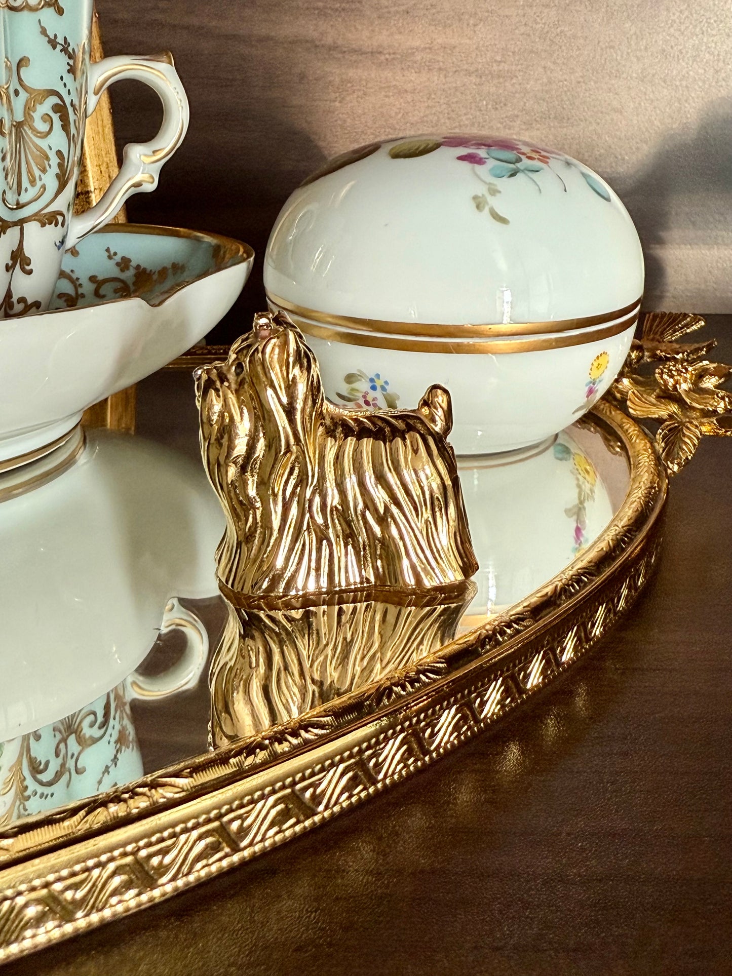 Estée Lauder Vintage Gold Plated Perfume Compact Dog with Pink Ribbon