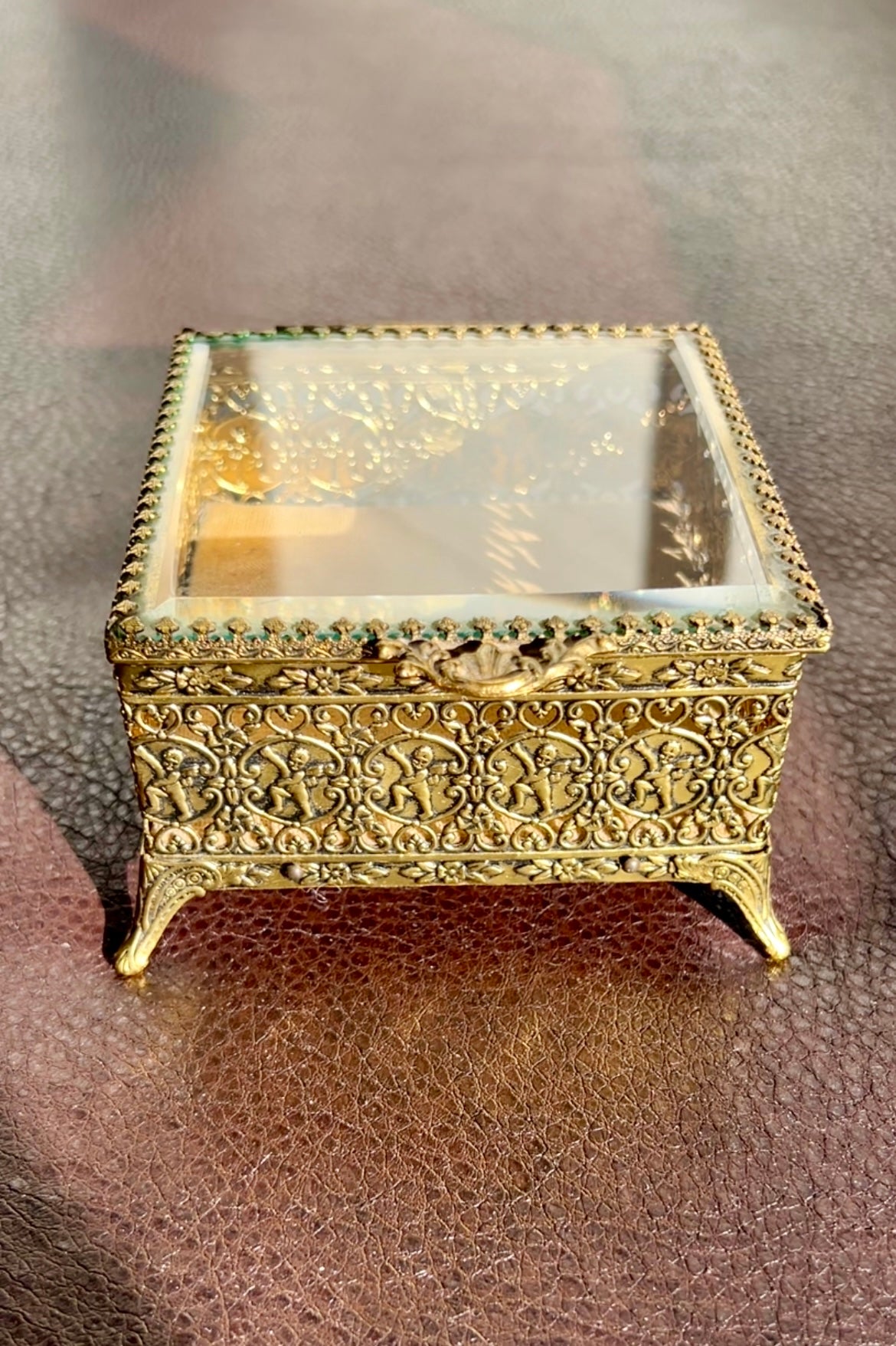 Gold Plated Filigree Ormolu Vintage Jewelry Box Square Footed with Velvet Lining Hinged Lid, Hollywood Regency StyleBuilt Style