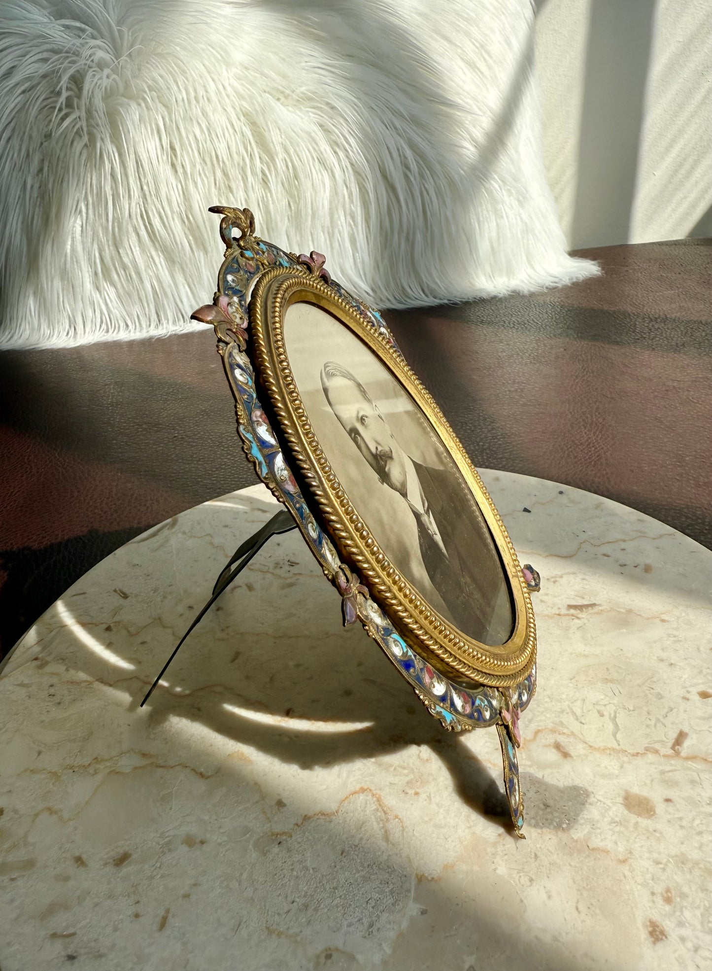 Antique French Style Colorful Enamel Bronze Photo Frame with Black and White Picture of a Gentleman from 19th Century