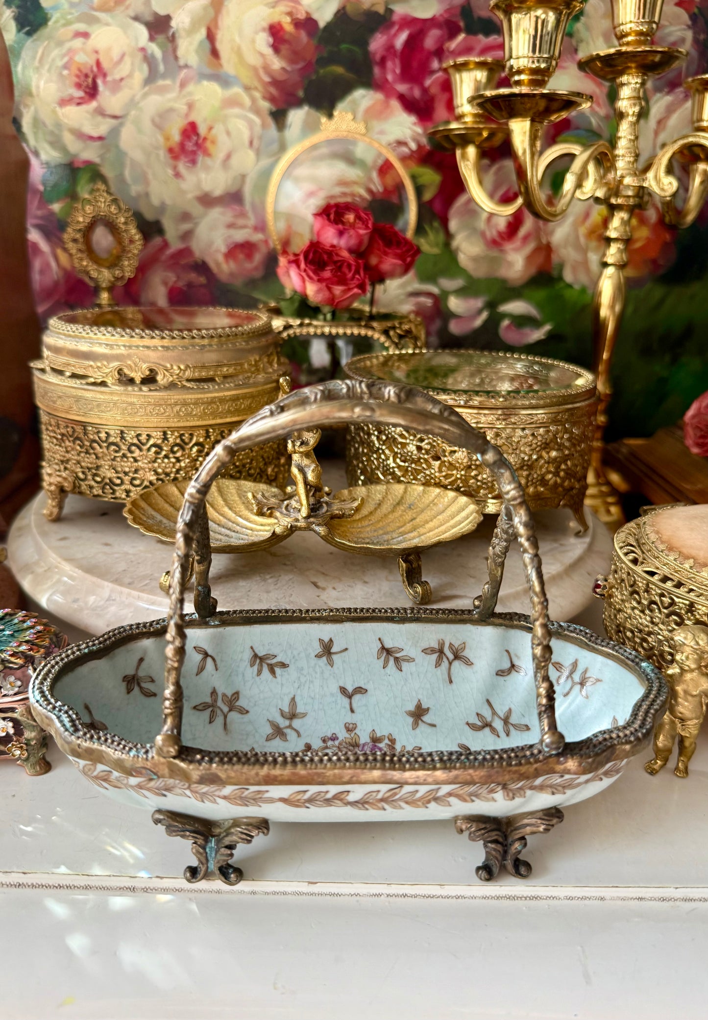 Antique-Looking Art Nouveau Style Porcelain Floral Crackle Glazed Footed Basket Trinket Dish with Bronze Handle