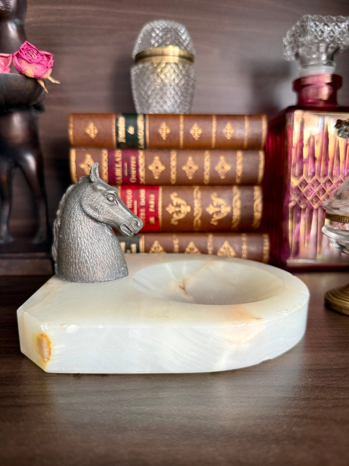 Antique Art Deco Style Bronze Horse Head Statue on Marbel or Green Onyx Ashtray