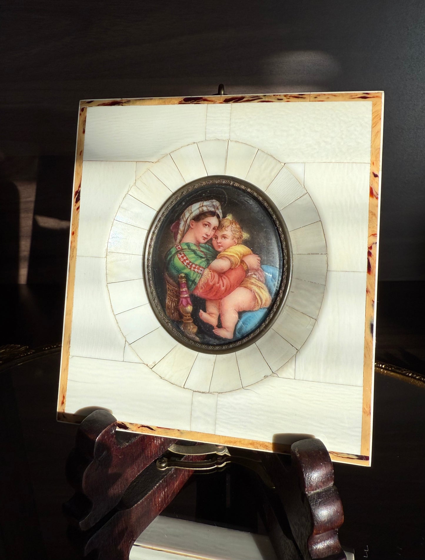 Antique Italian Miniature Porcelain Plaque Hand-painted Madonna and Child in Bone Frame